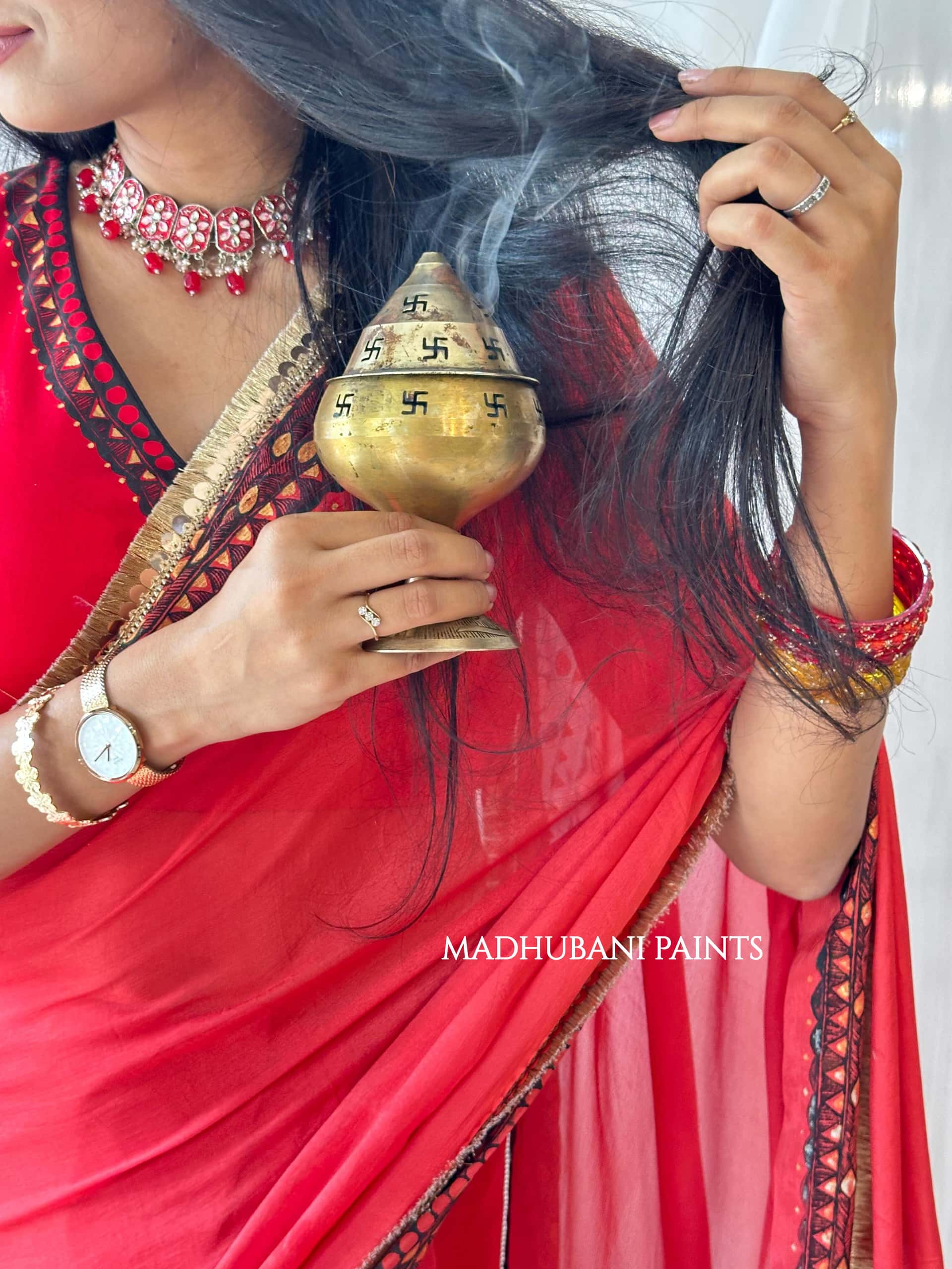 LAAL BRIDAL Hand-painted Madhubani Chiffon Saree