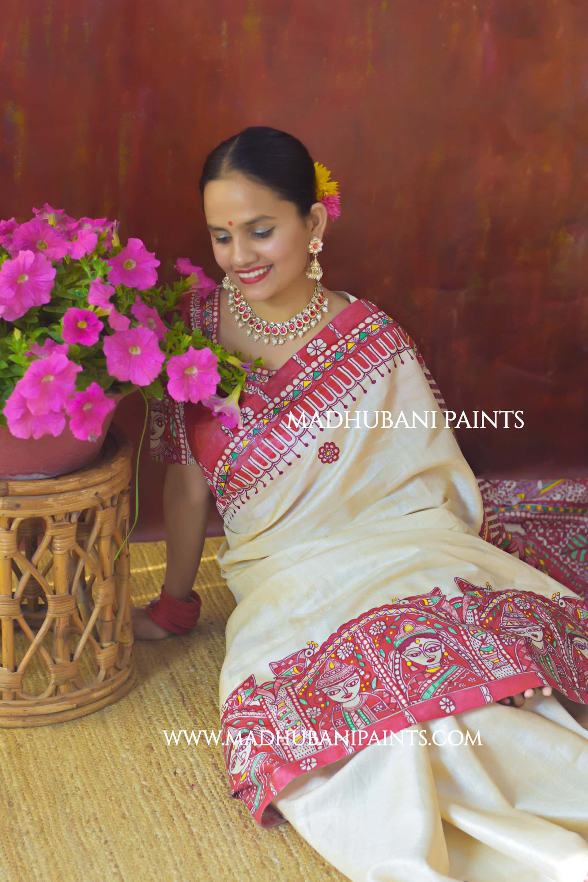 BENGALI BRIDE Hand-painted Madhubani Tussar Silk Saree Blouse Set
