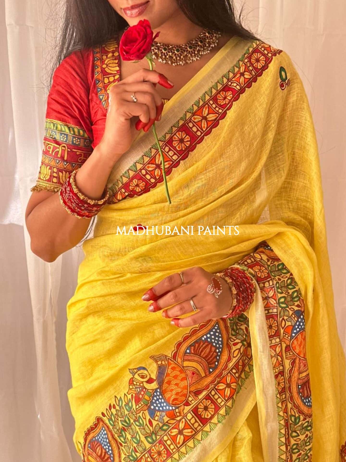 Linen Bridal Hand-painted Madhubani Painting Saree