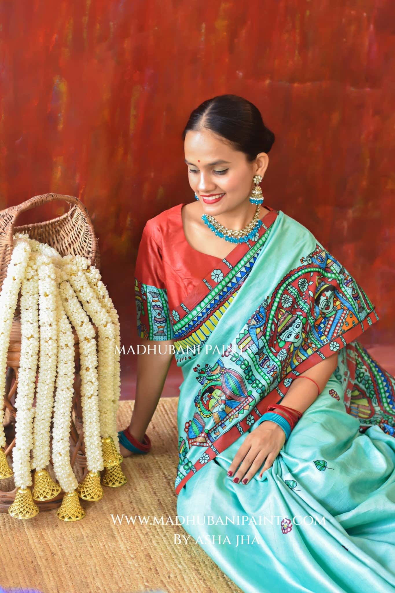 AASMANI MANGALYA Hand-painted Madhubani Tussar Silk Saree Blouse Set