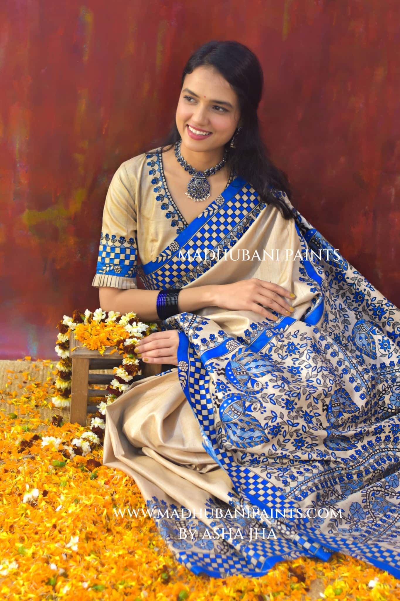'NEELAKANTH' Tussar Silk Hand-Painted Madhubani Saree