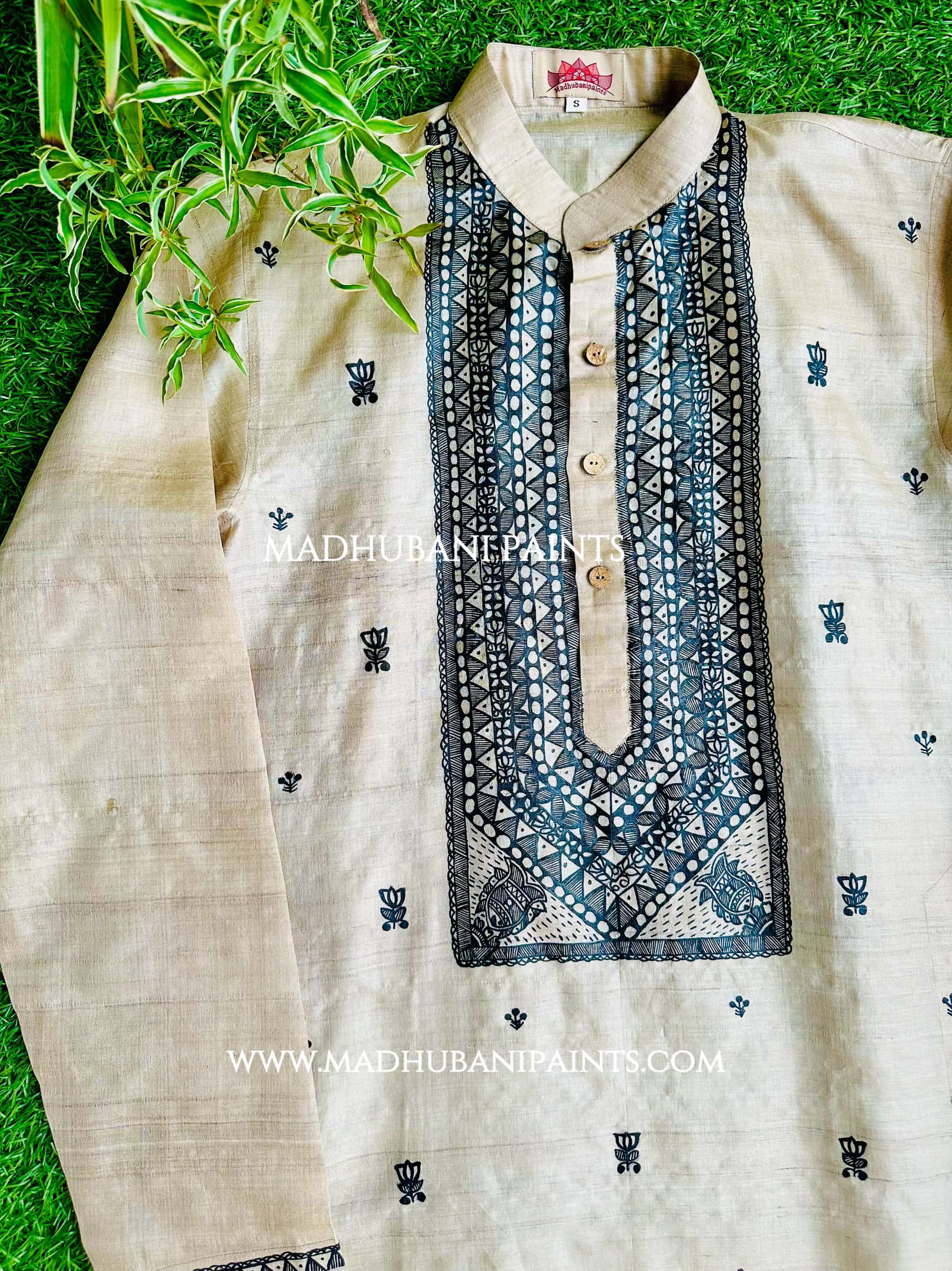 Mithila Kamal Matsya Leela Hand-painted  Madhubani Men's Tussar Silk Kurta