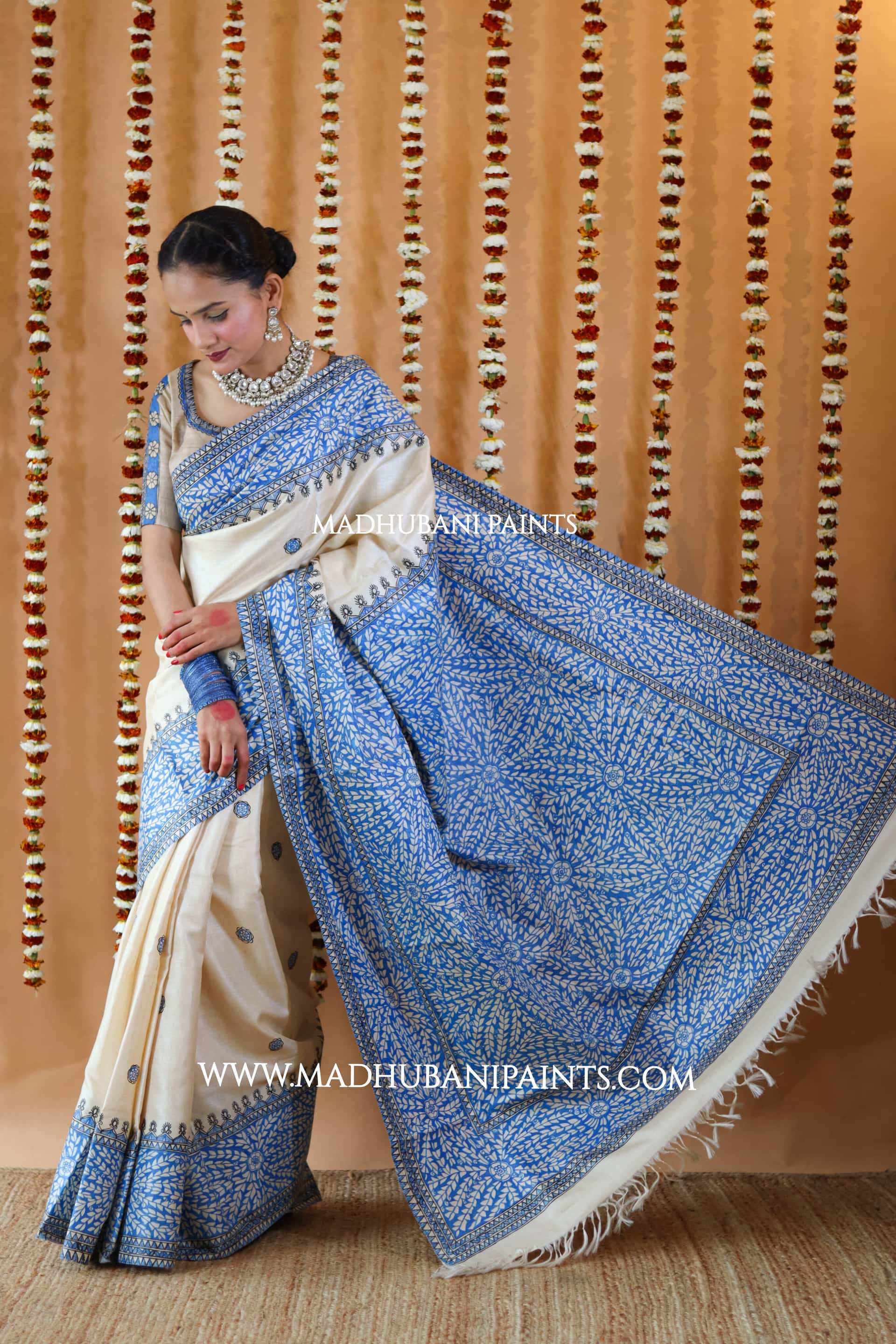Blue Patta Handpainted Tussar Silk Saree Blouse Set