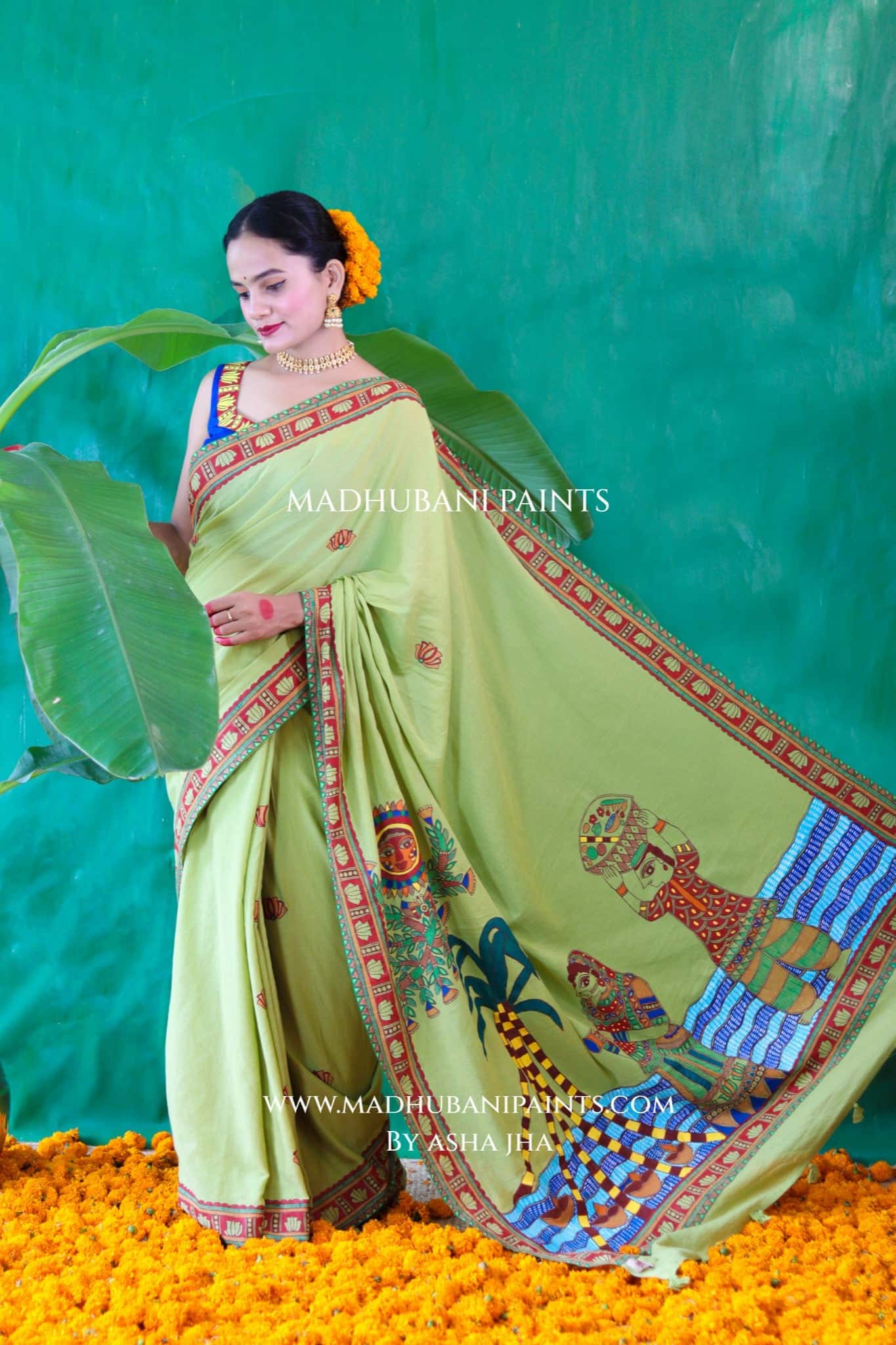 BHAKTI BHAVA Chhath Puja Hand painted Madhubani  Cotton Saree Blouse Set