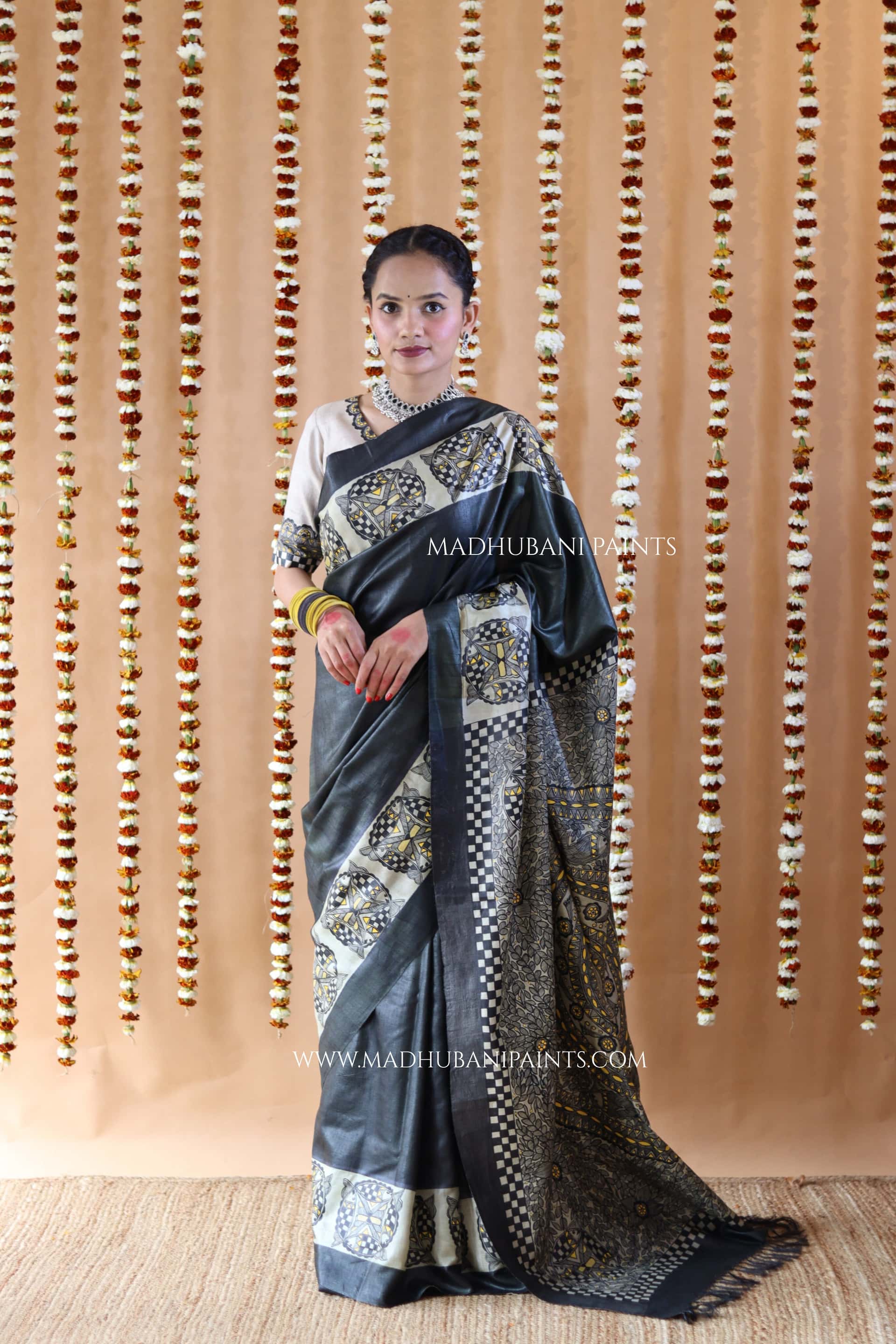 SAMUNDRAMAYI Yellow Hand-painted Madhubani Tussar Silk Saree Blouse Set