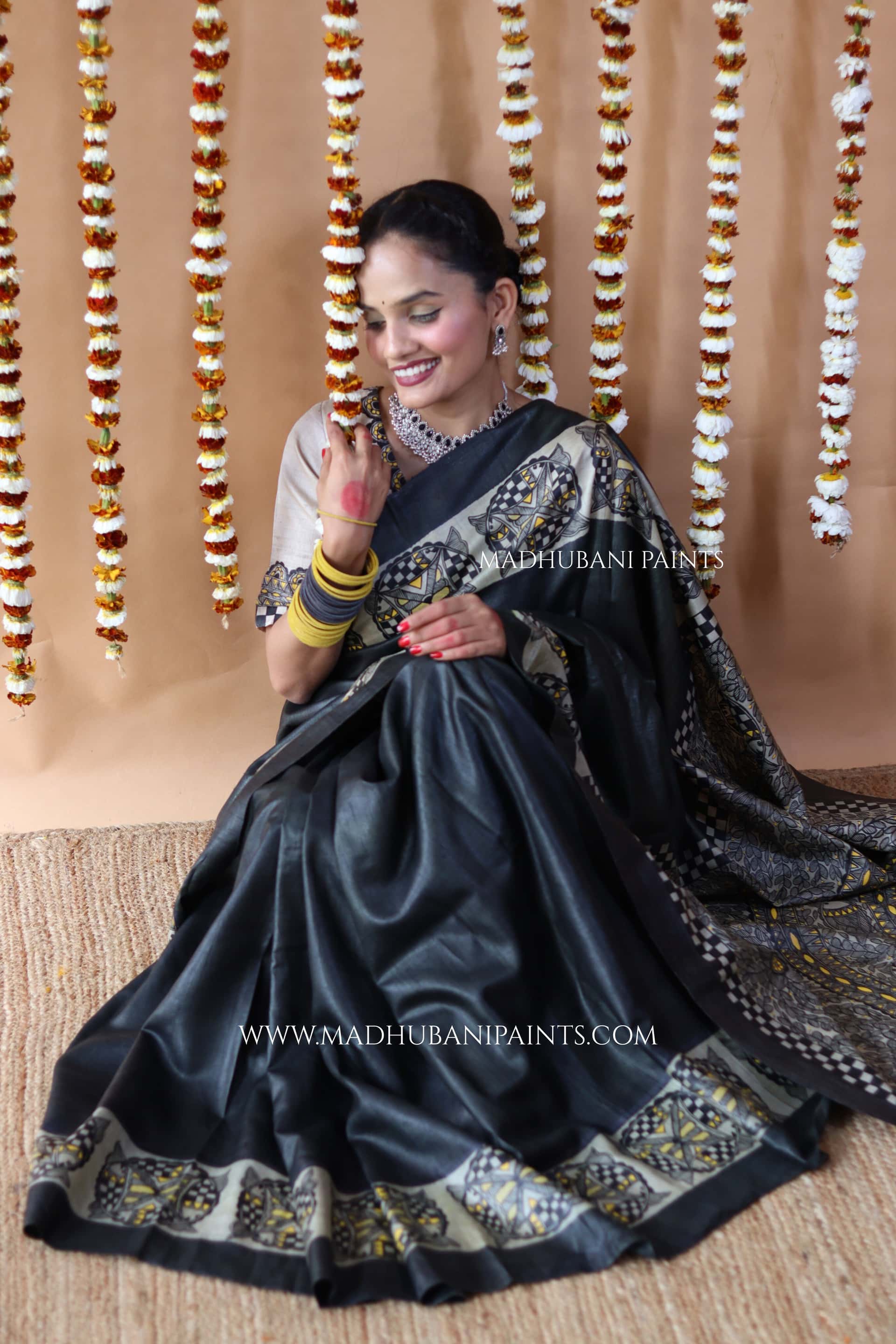 SAMUNDRAMAYI Yellow Hand-Painted Madhubani Tussar Silk Saree
