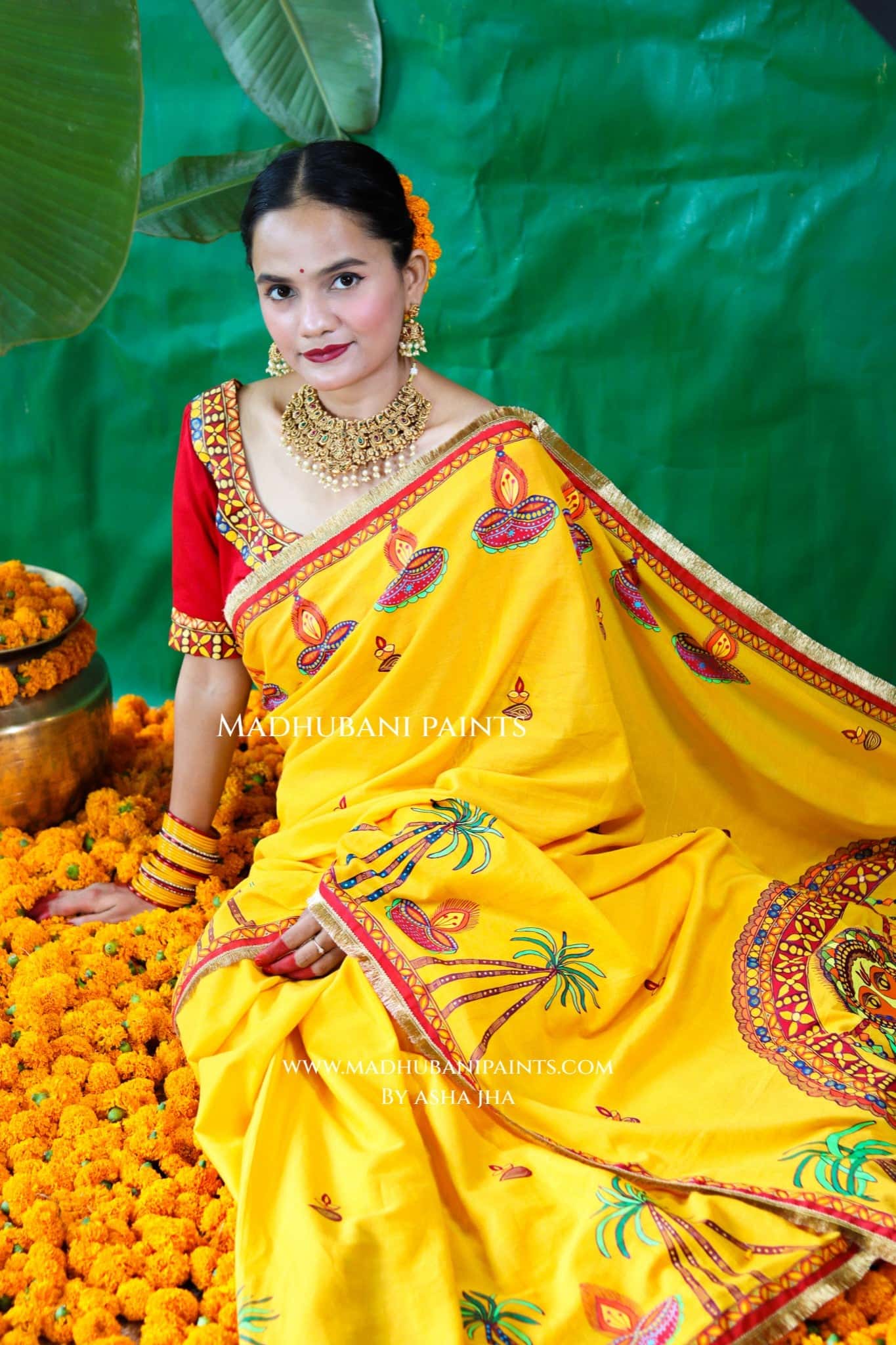 CHHATH PARV Hand painted Madhubani Cotton Saree Blouse Set
