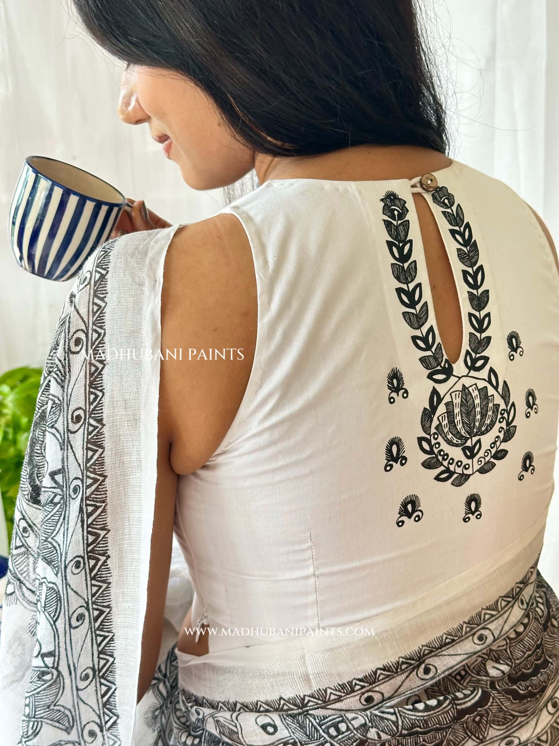 Linen Sagar Shringar Hand-painted Madhubani Painting Saree Blouse Set