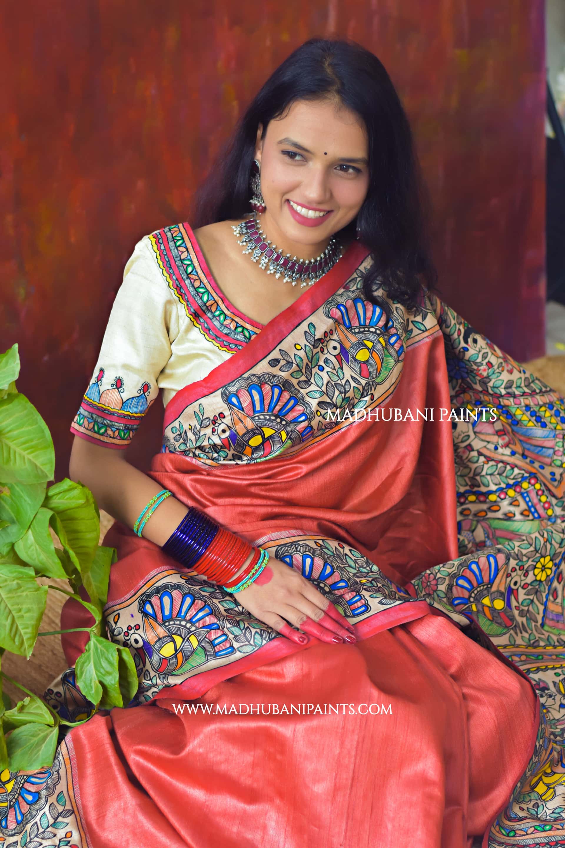 "Laal Ramayan" Hand-painted Madhubani Tussar Silk Saree