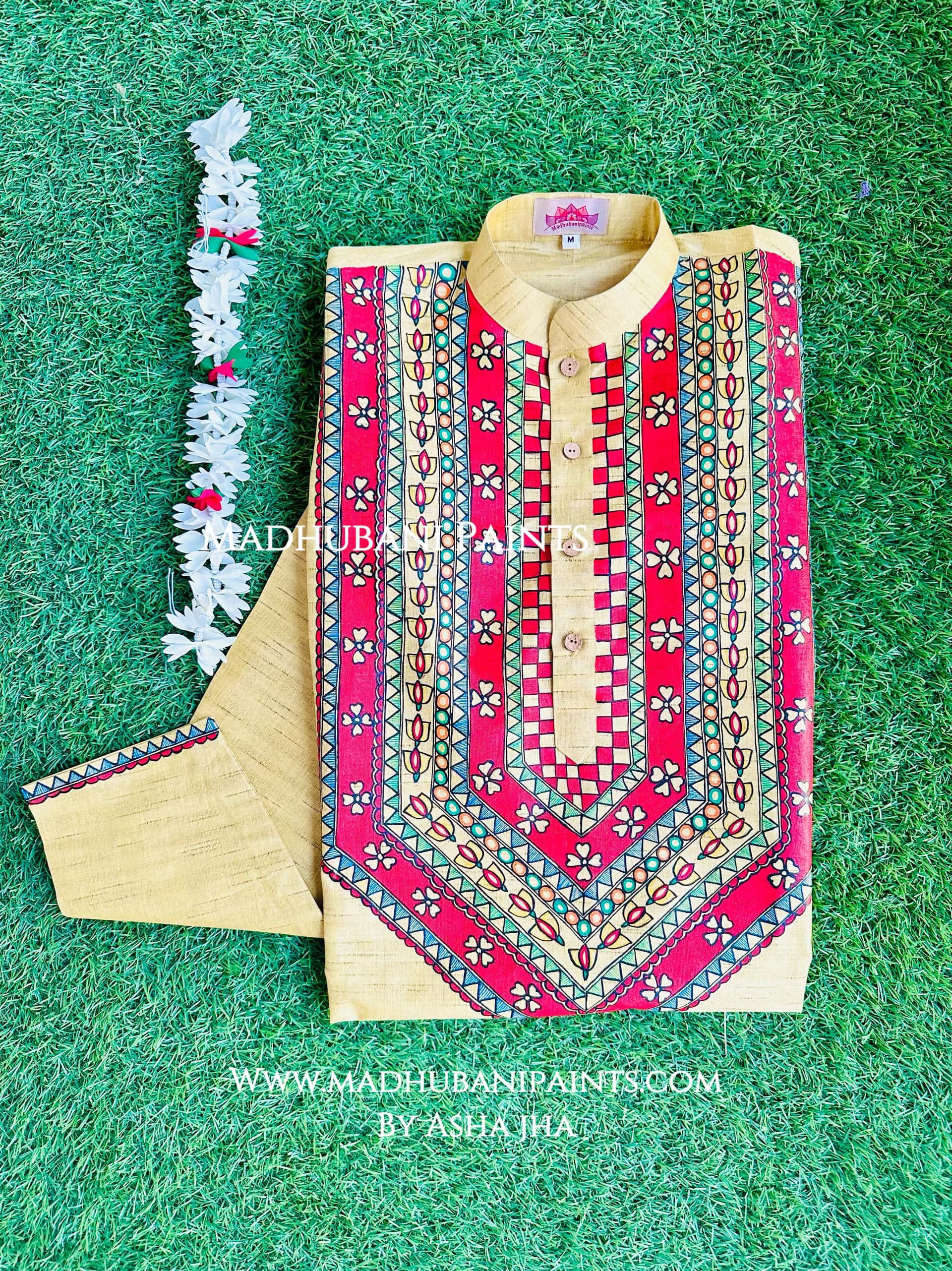 Yellow Phool Kamal Hand-painted  Madhubani Men's Cotton Kurta