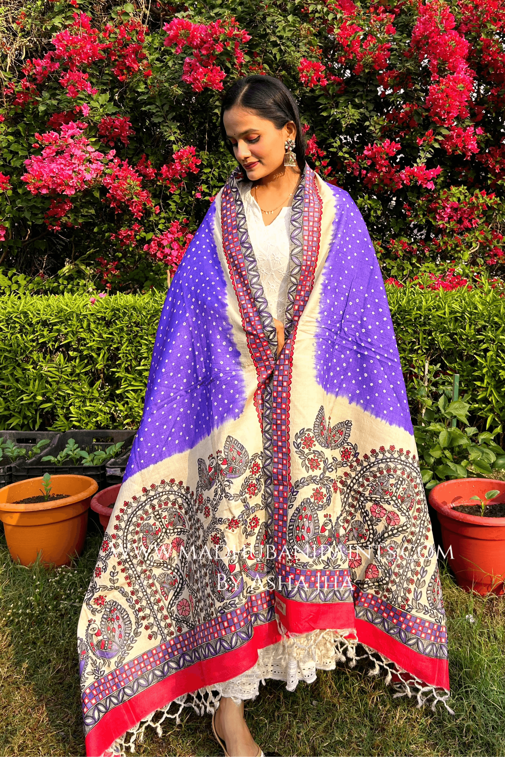 'BANDHINI MAYURI' Handpainted Madhubani Tussar Silk Dupatta