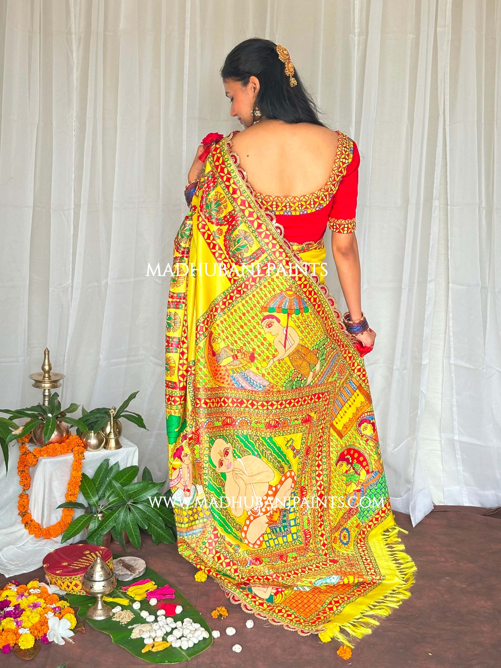 UPNAYAN Hand-painted Madhubani Tussar Silk Saree Blouse Set