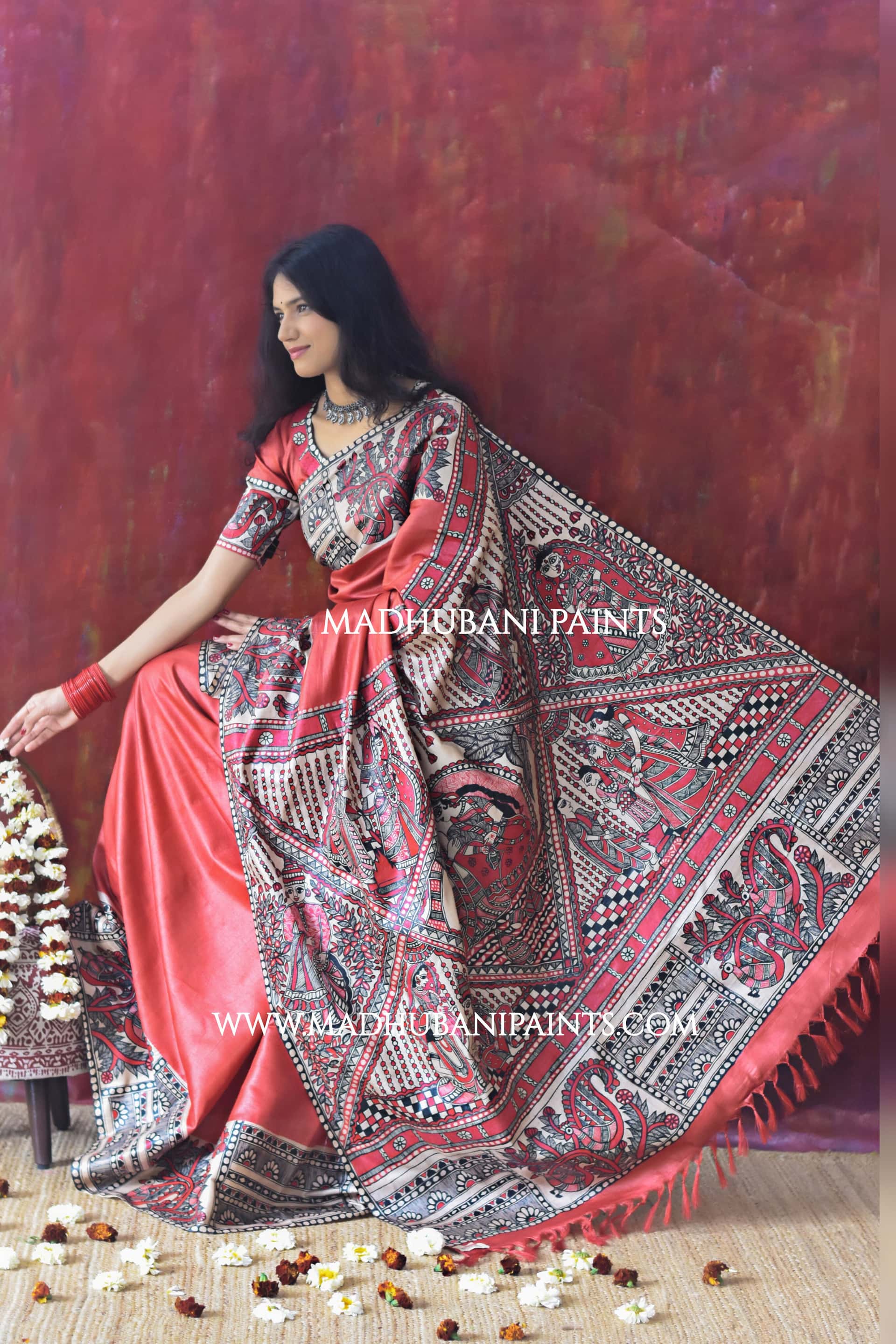 RED BENGALI WEDDING Hand-painted Madhubani Tussar Silk Saree
