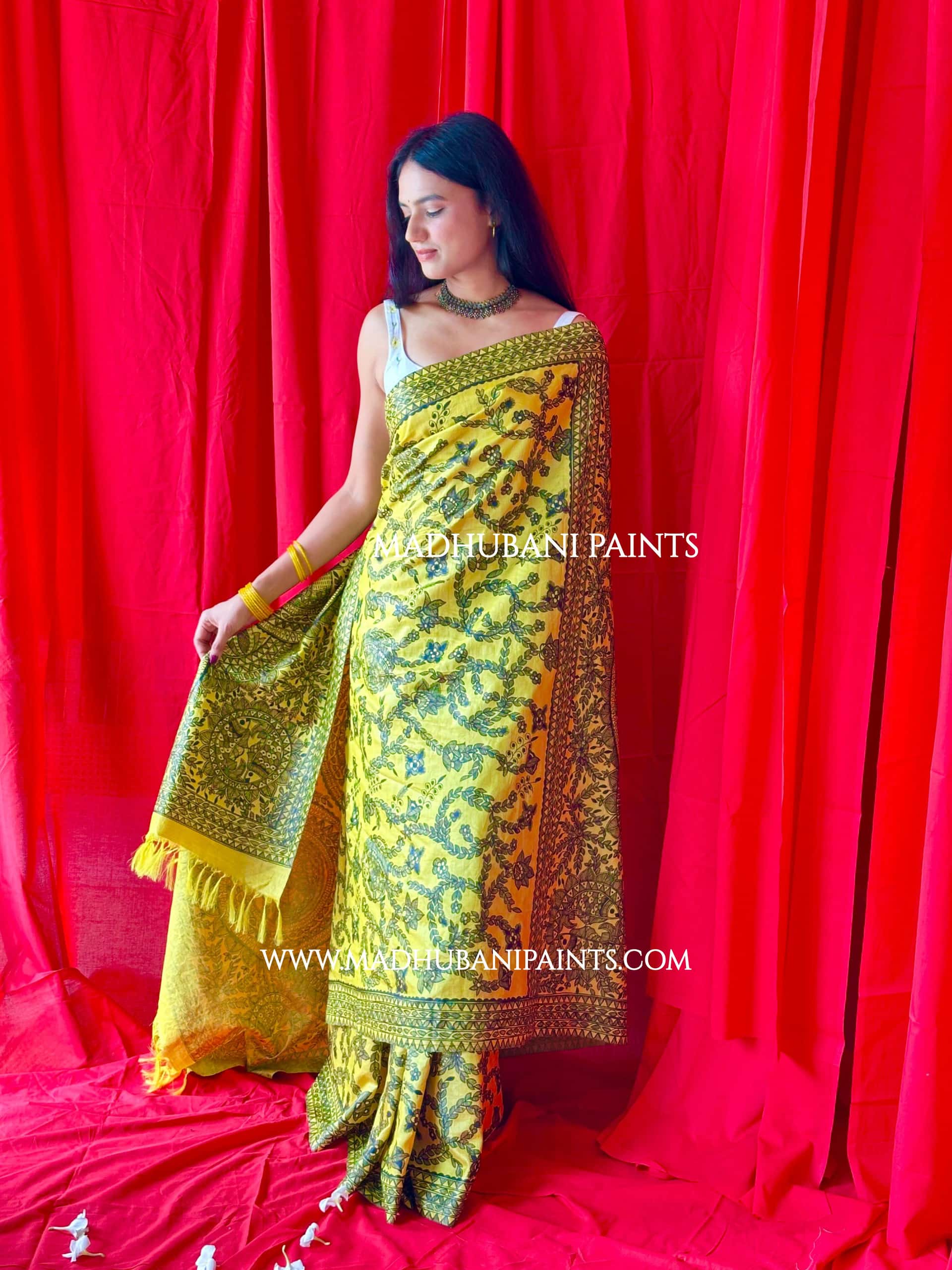 MAYUR MANDALI Full Handpainted Madhubani Saree