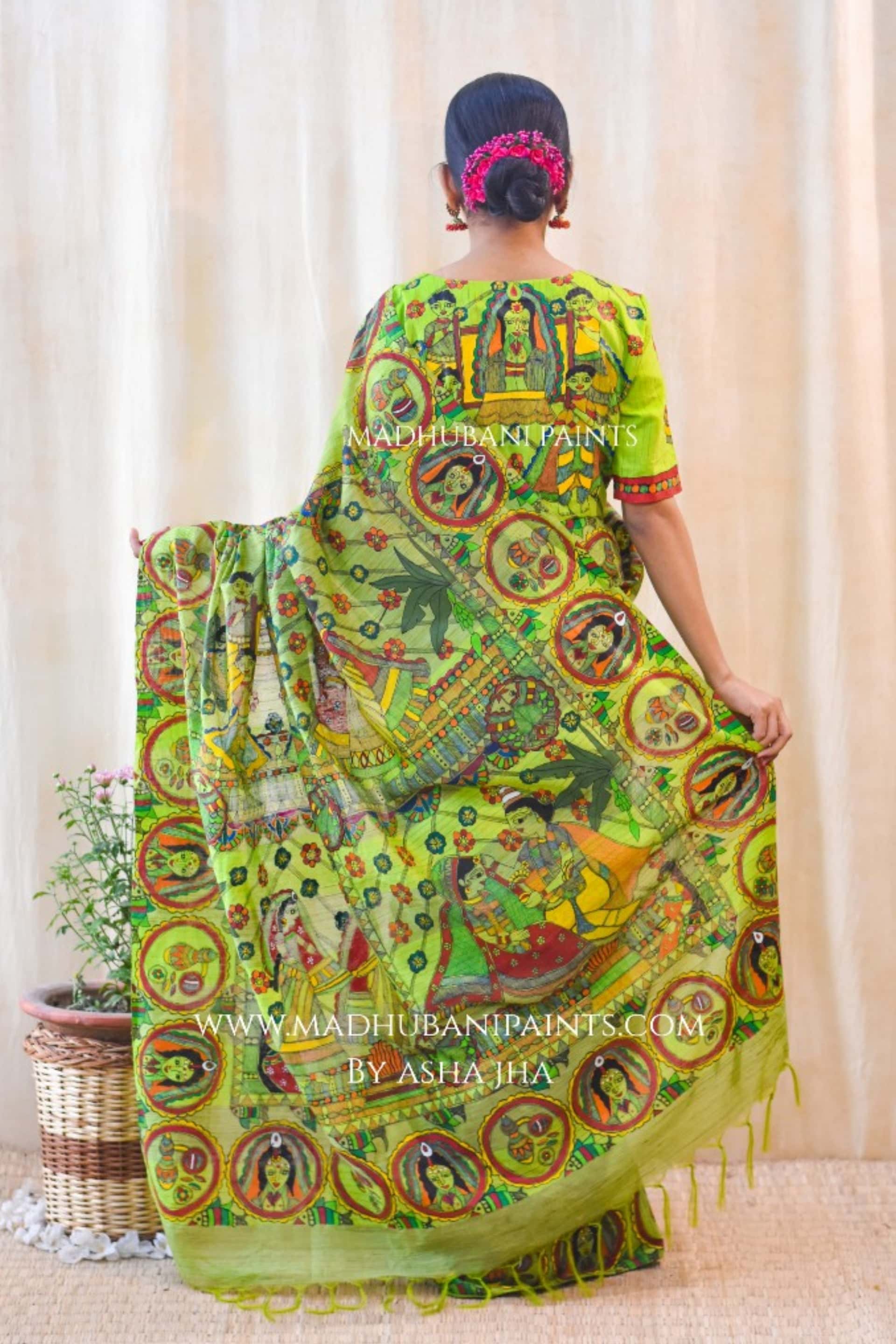 'Bengali Wedding' Handpainted Madhubani Chanderi Silk Saree