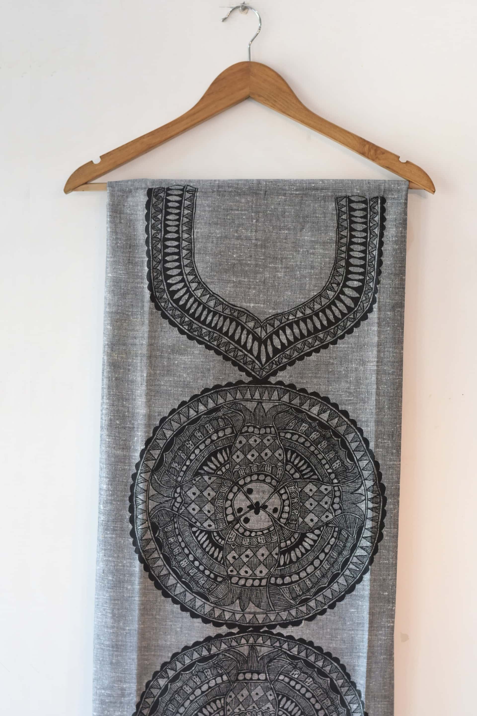 Grey Matsya Hand-painted Madhubani Painting Cotton Unstitched Kurta