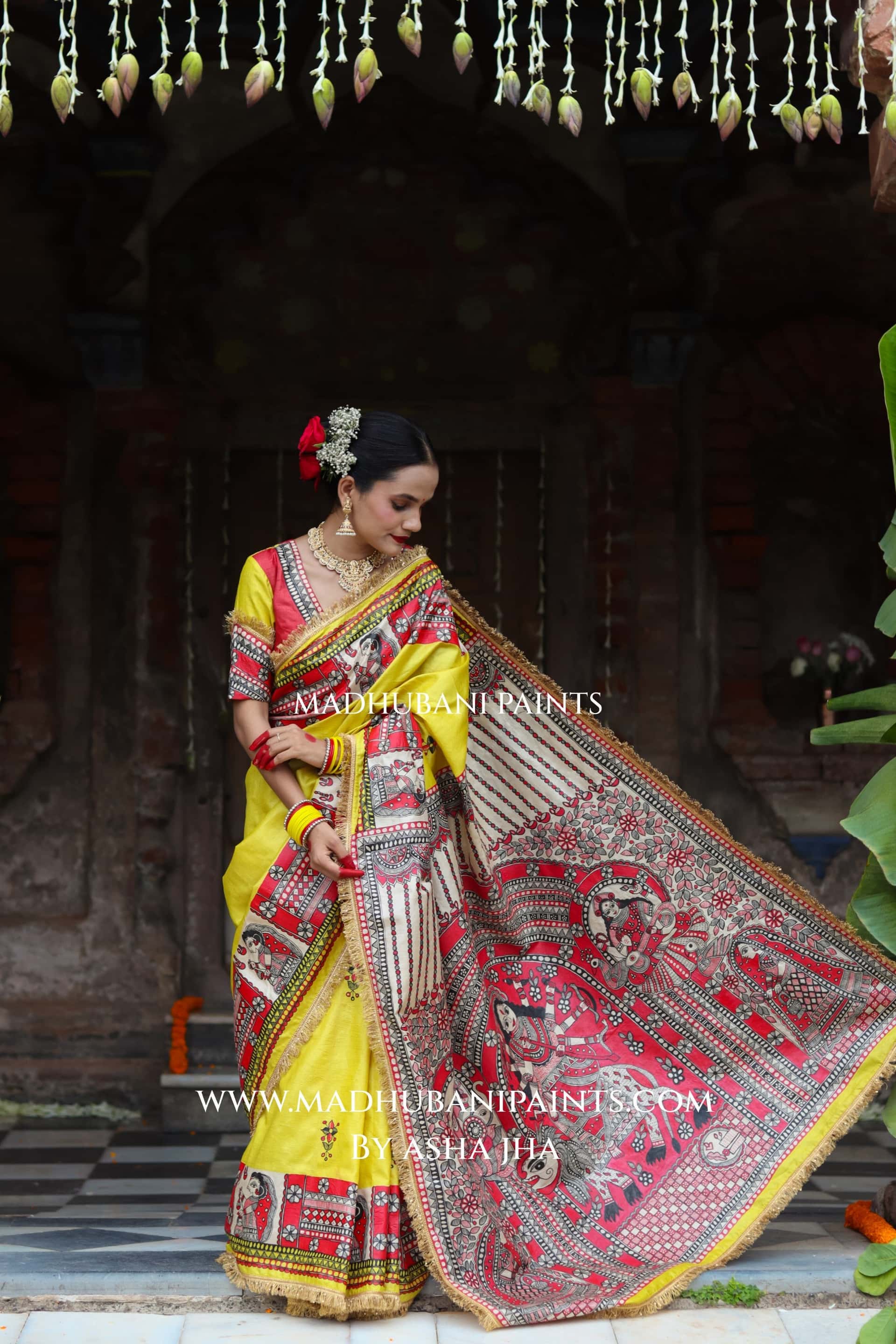 TARA Handpainted Tussar Silk Madhubani Saree Blouse Set