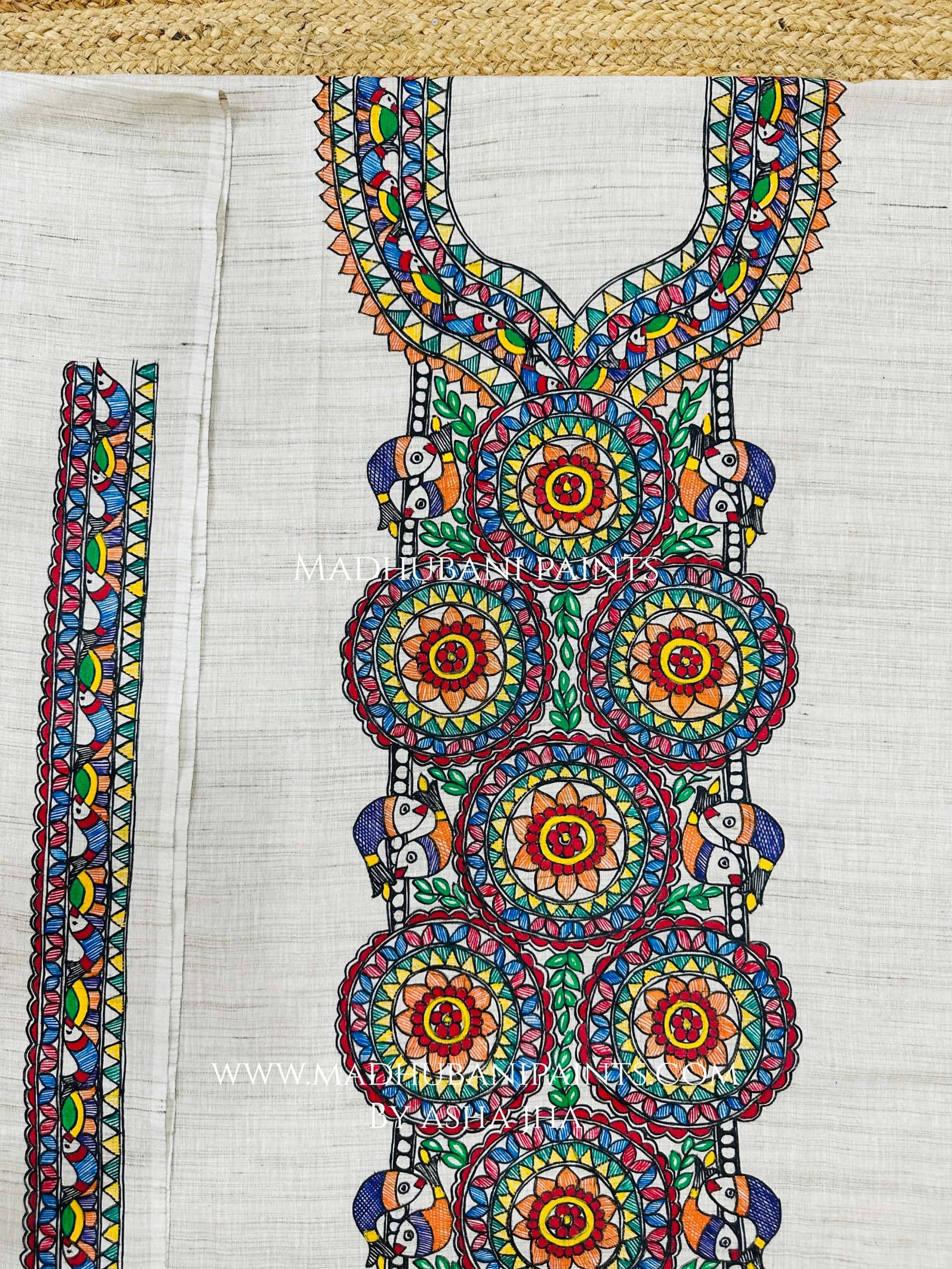 Macchli Phoolwari Hand-painted Madhubani Painting Cotton Unstitched Kurta