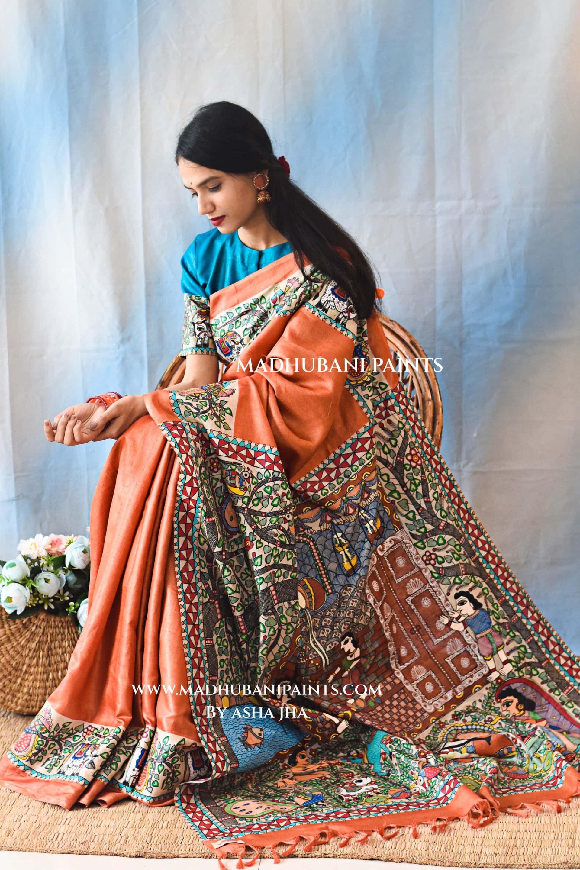 KANHA KI MAAKHAN LEELA Handpainted Madhubani Tussar Silk Saree