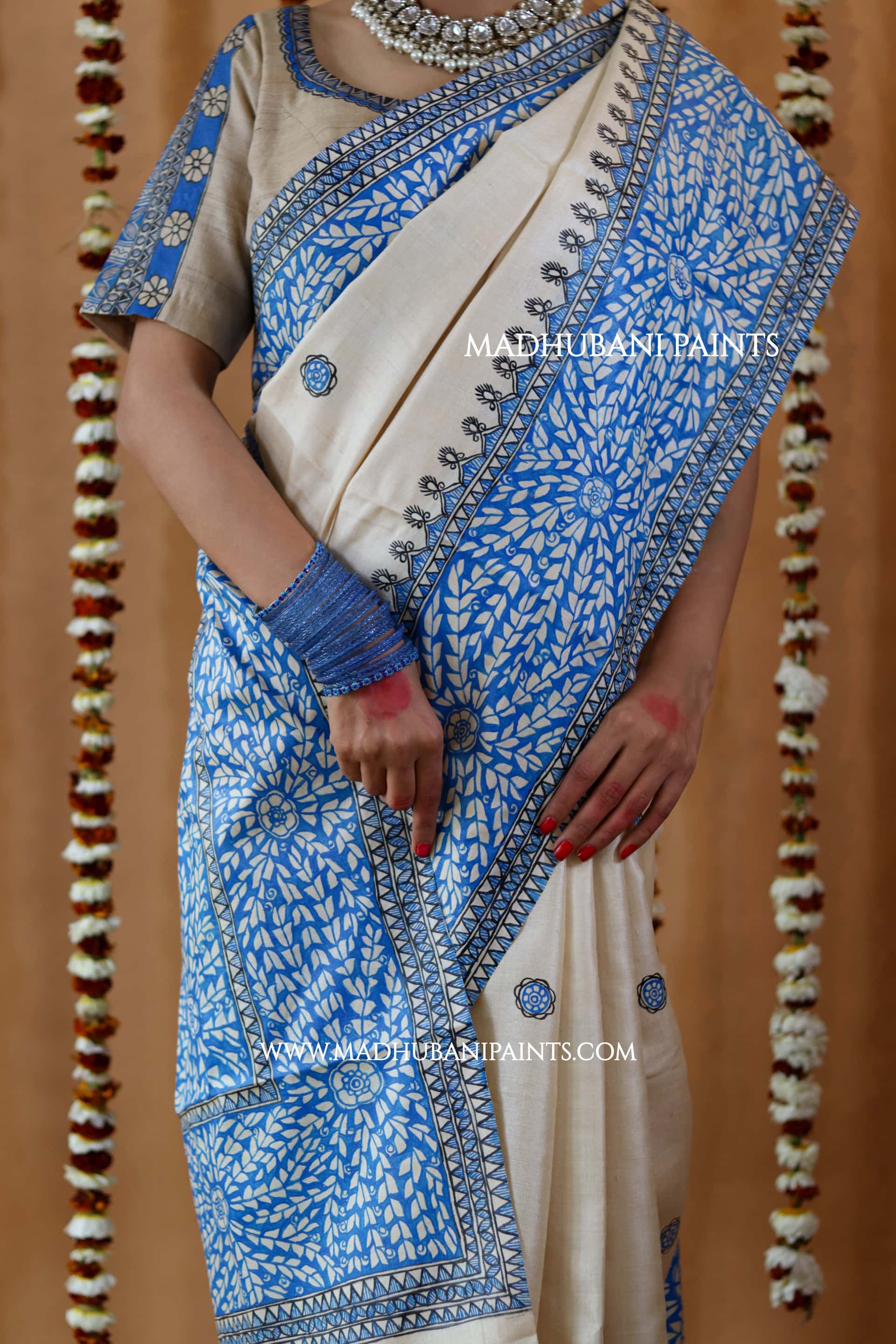 Blue Patta Handpainted Tussar Silk Saree