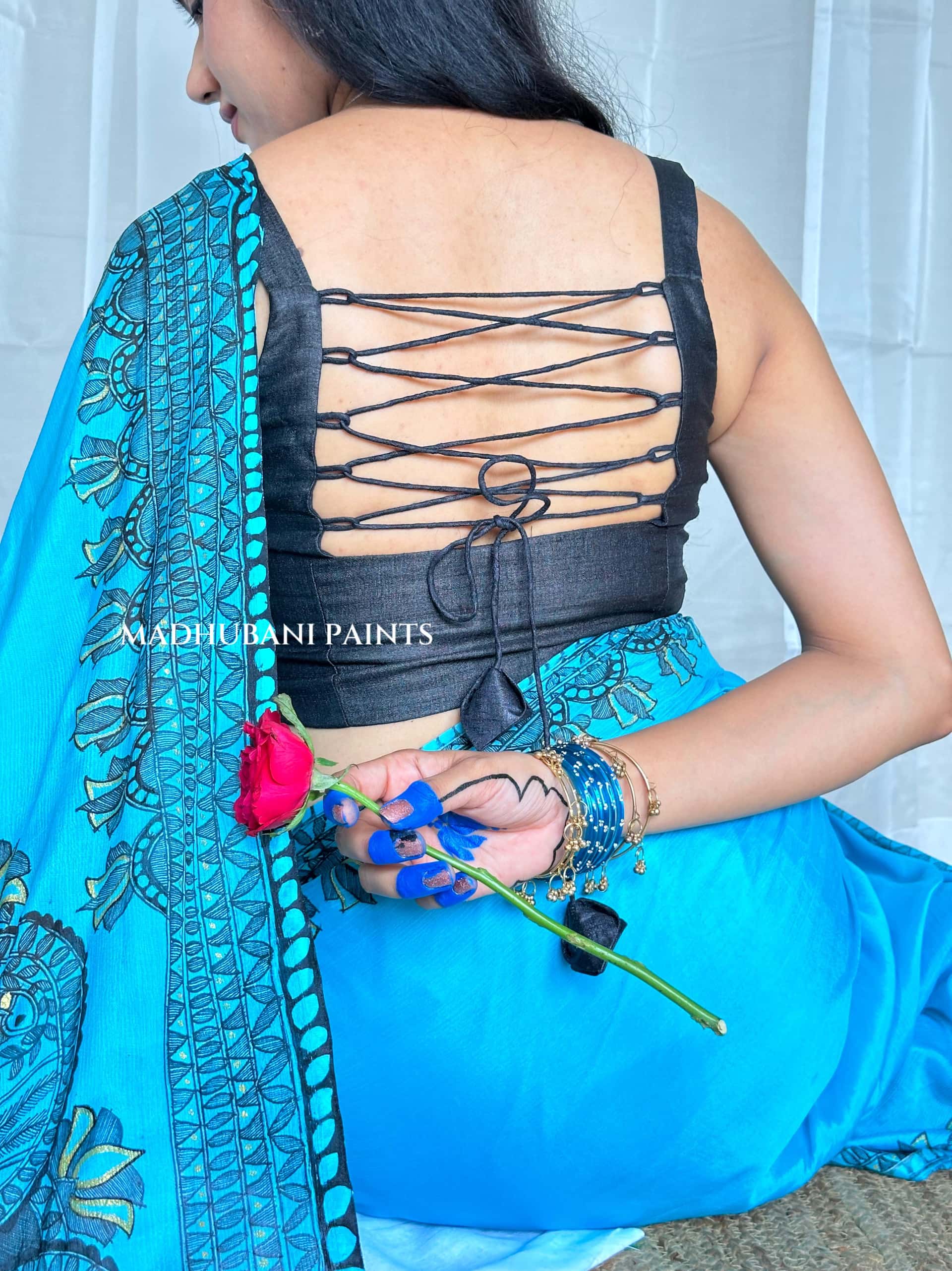 Aasmani Doli Hand-painted Madhubani Chiffon Saree Blouse Set