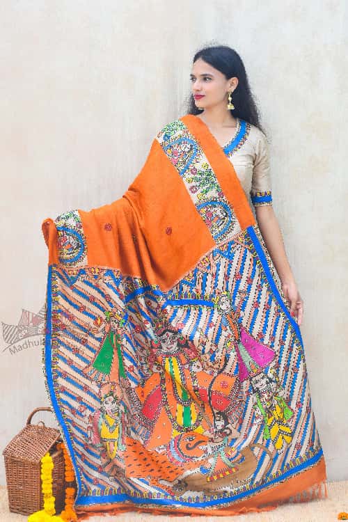 'BHAVYA DURGA' Handpainted Madhubani Tussar Silk Saree Blouse