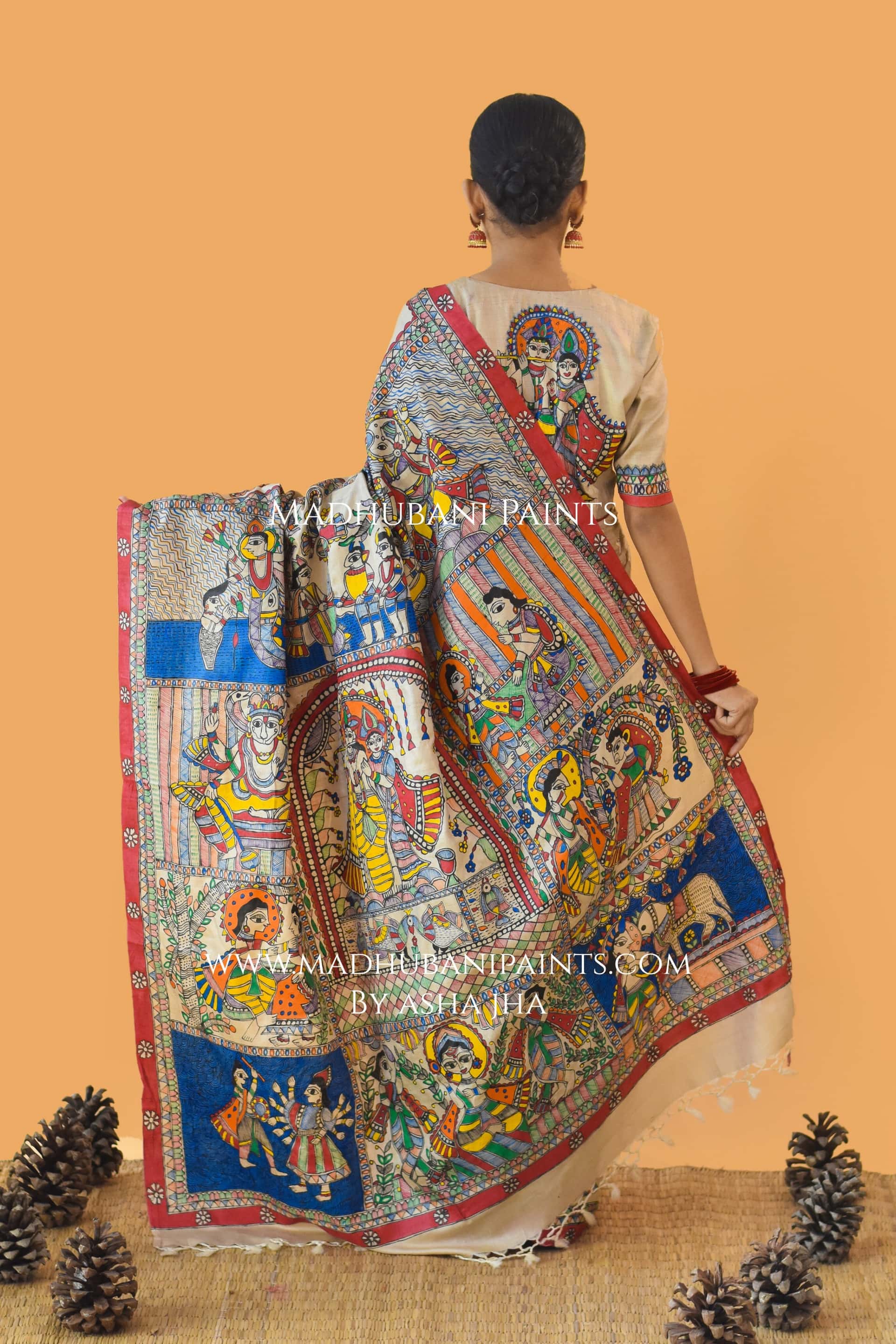 NARAYAN AVATAR Hand-painted Madhubani Tussar Silk Saree Blouse Set