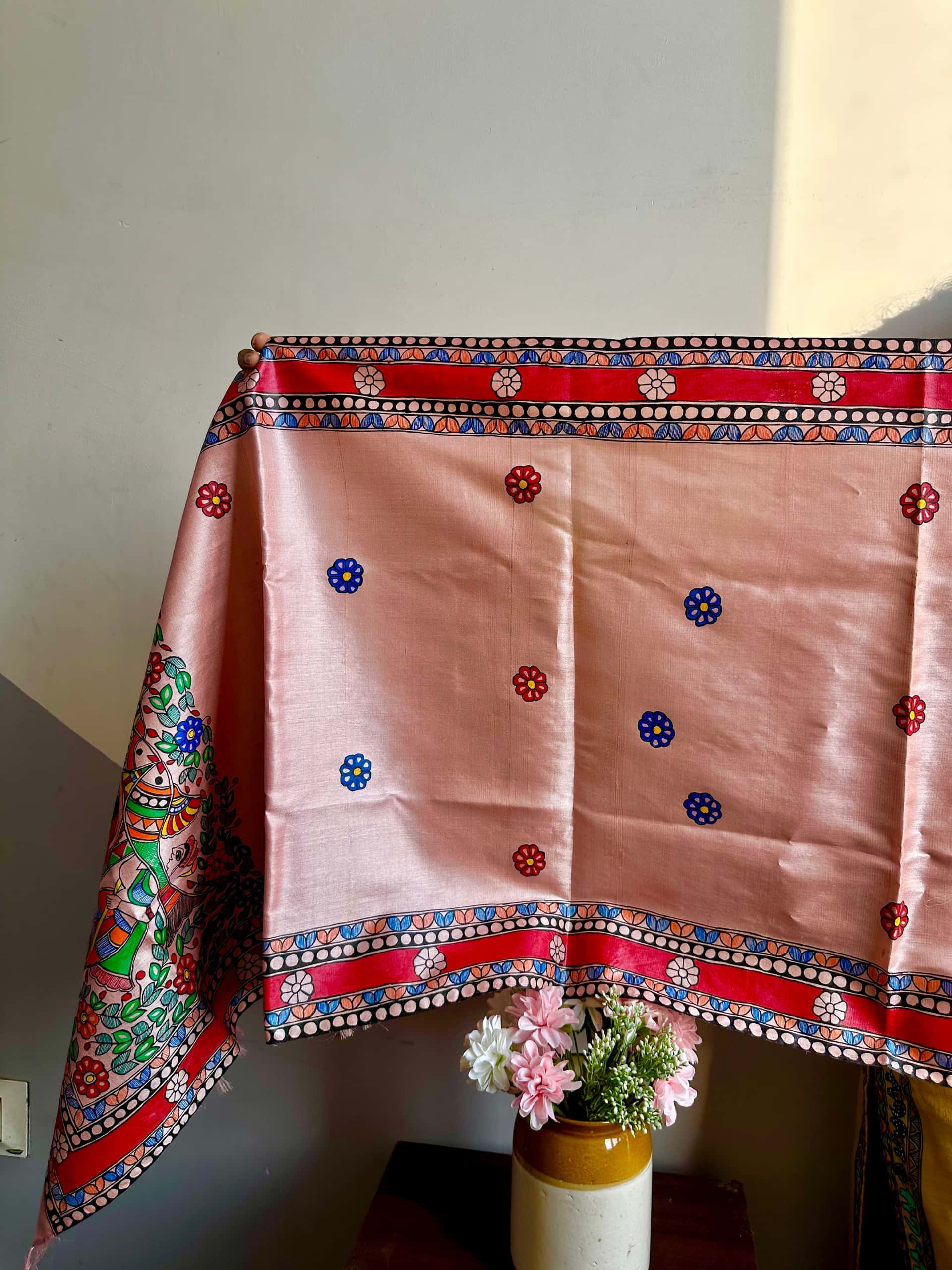 Pink Bidaai Madhubani Hand-painted Tussar Silk Stole