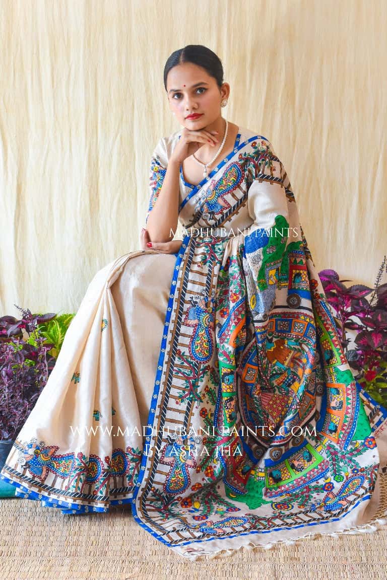 RAILGADI Handpainted Madhubani Painting Tussar Silk Saree