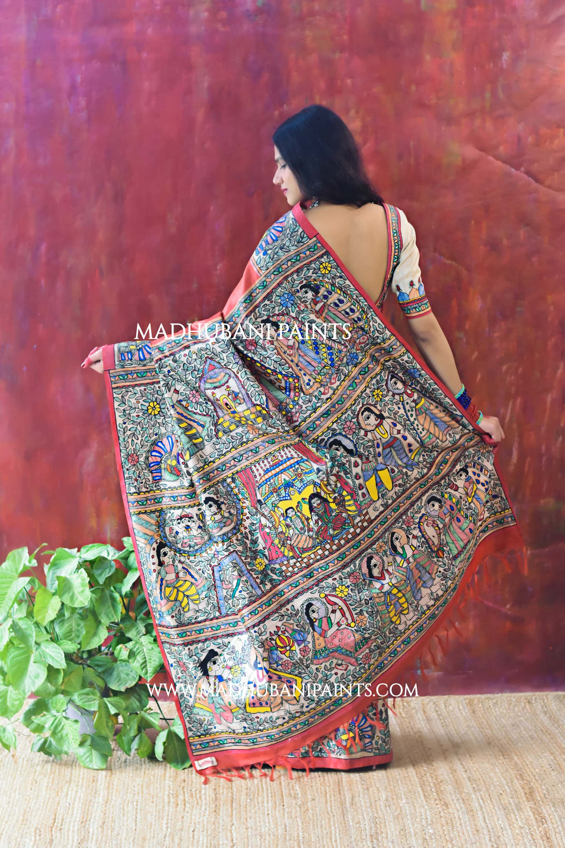 "Laal Ramayan" Hand-painted Madhubani Tussar Silk Saree Blouse Set