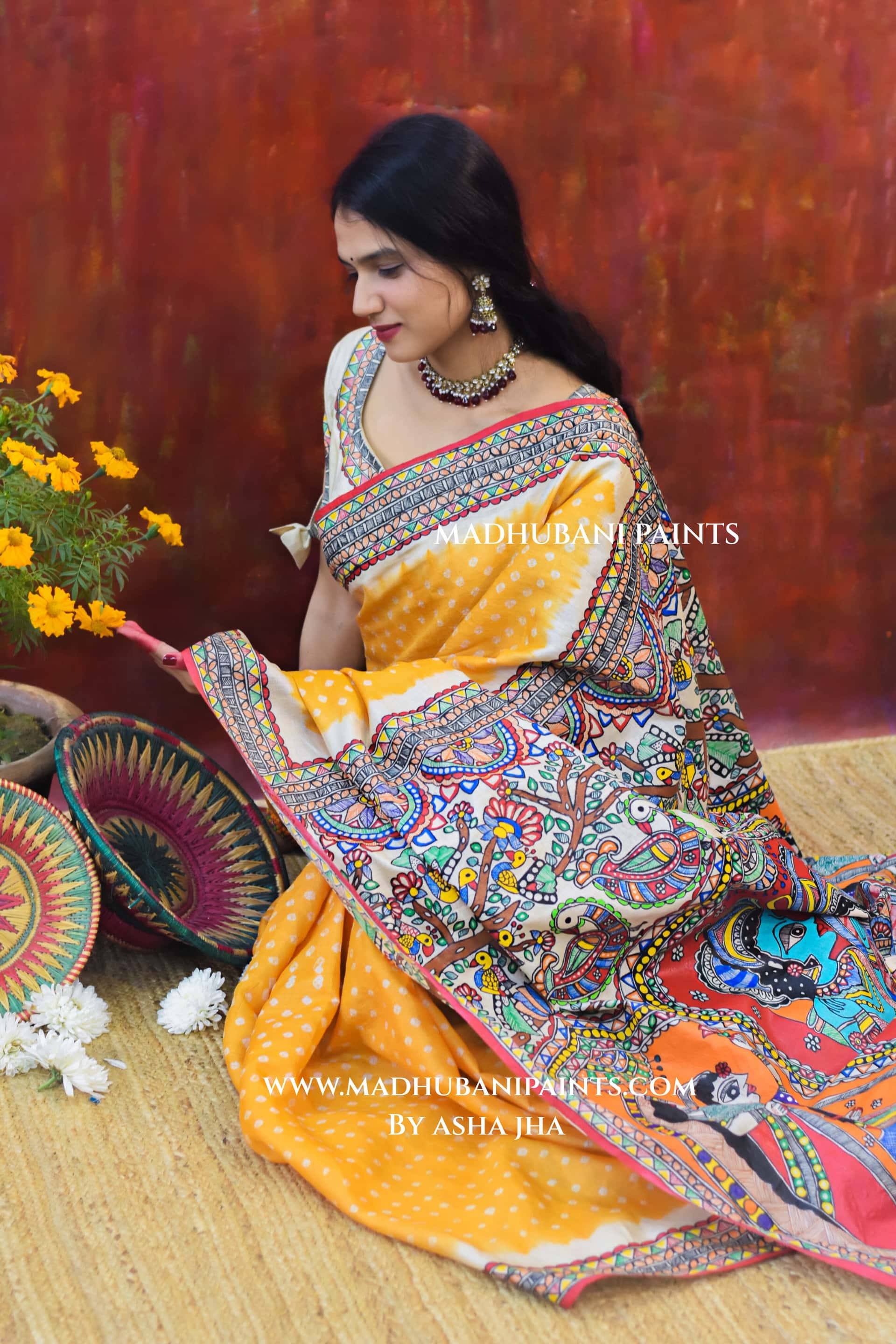 RAM SITA SWAYAMBAR Hand-painted Bandhini Tusaar Silk Saree Blouse Set