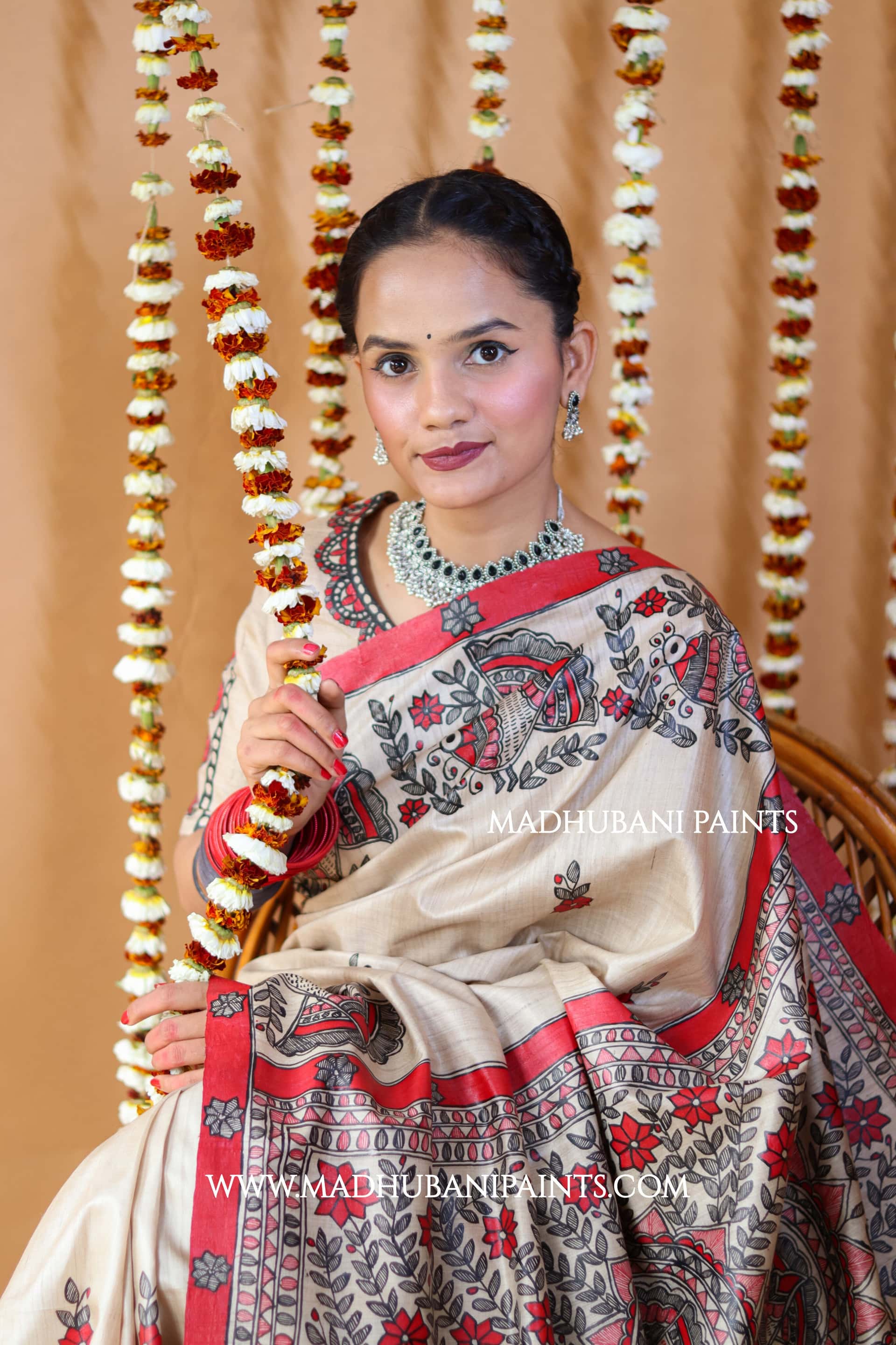 'MORNI' Handpainted Madhubani Tussar Silk Saree Blouse Set