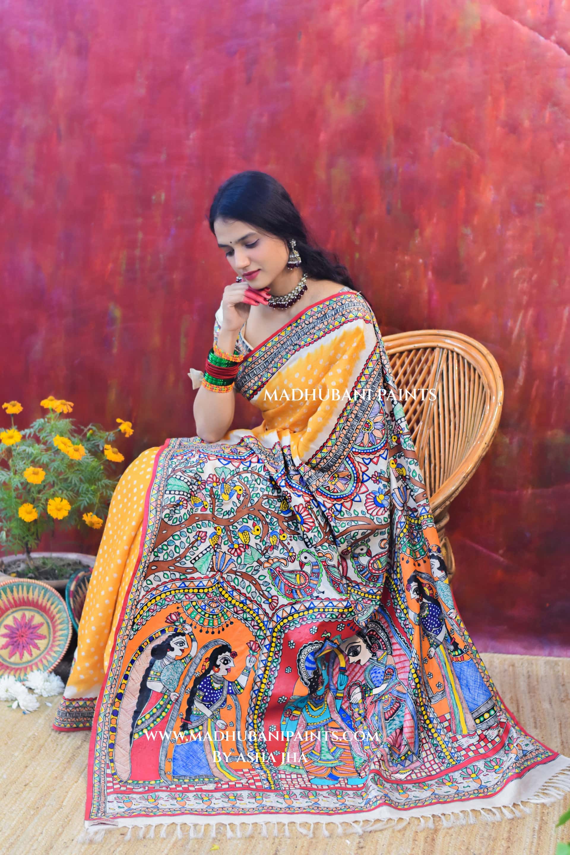 RAM SITA SWAYAMBAR Hand-painted Bandhini Tusaar Silk Saree