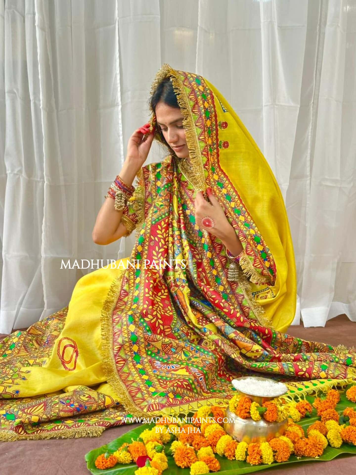 MITHILA VIVAH BRIDAL Hand-painted Madhubani Tussar Silk Saree Blouse Set