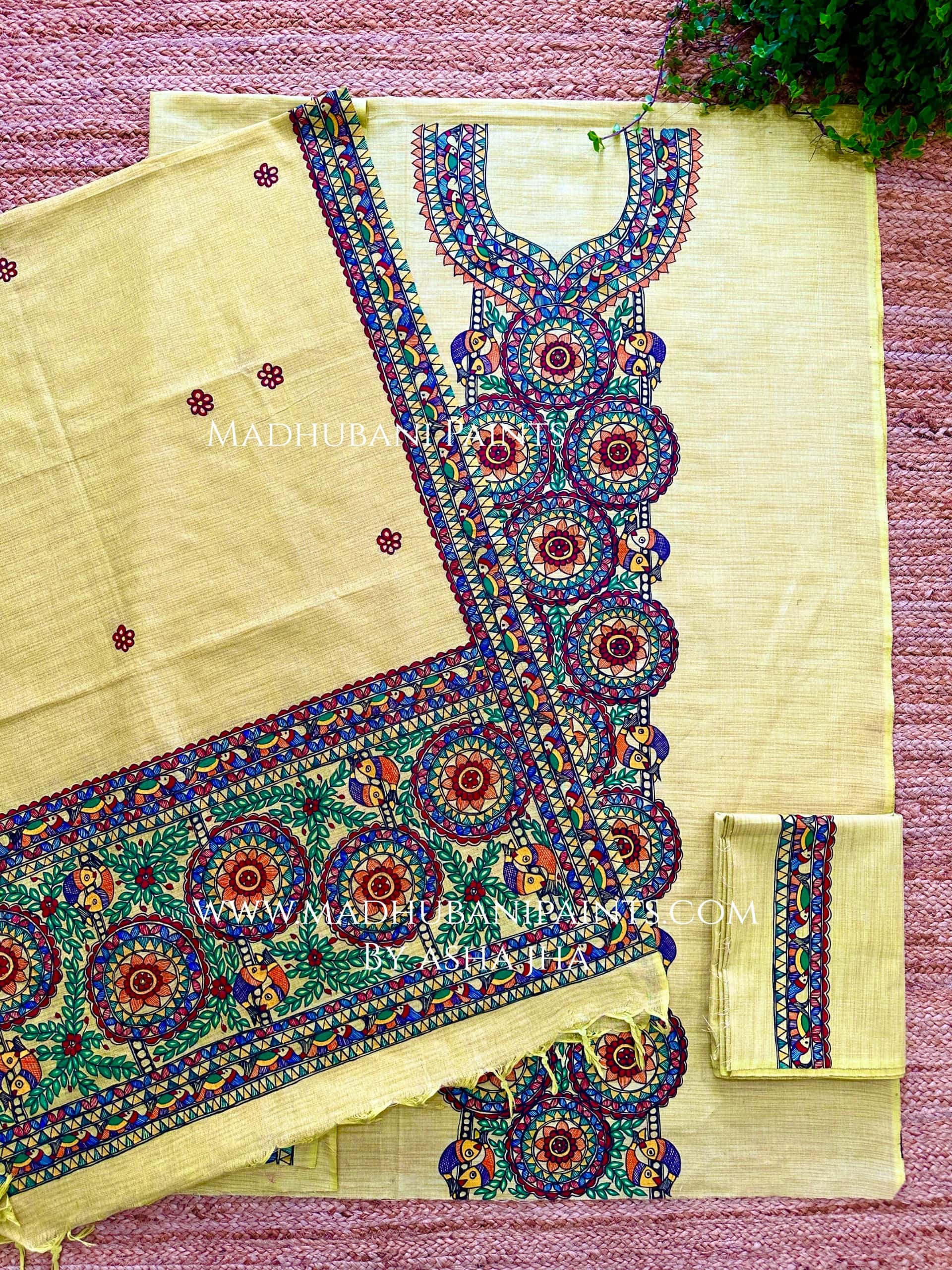 Phoolwari Matsya Hand-painted Madhubani Painting Cotton Unstitched Kurta Pant Dupatta Set