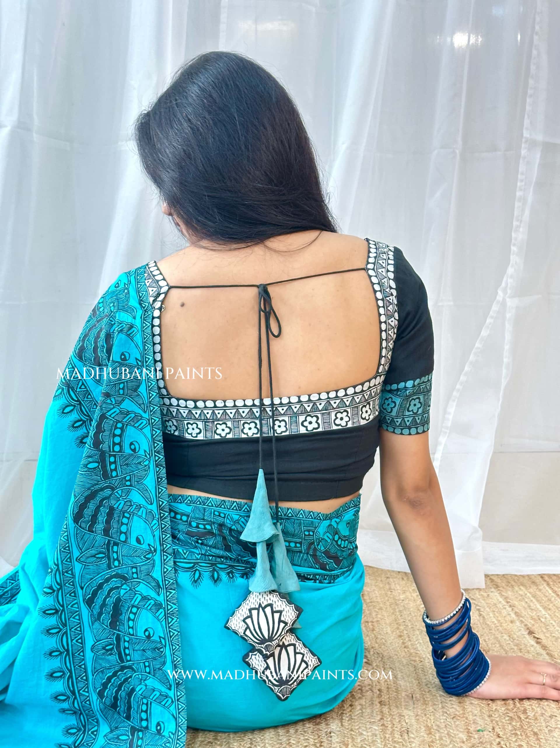 Aasmani Shringar Hand-painted Madhubani Painting Cotton Saree Blouse Set