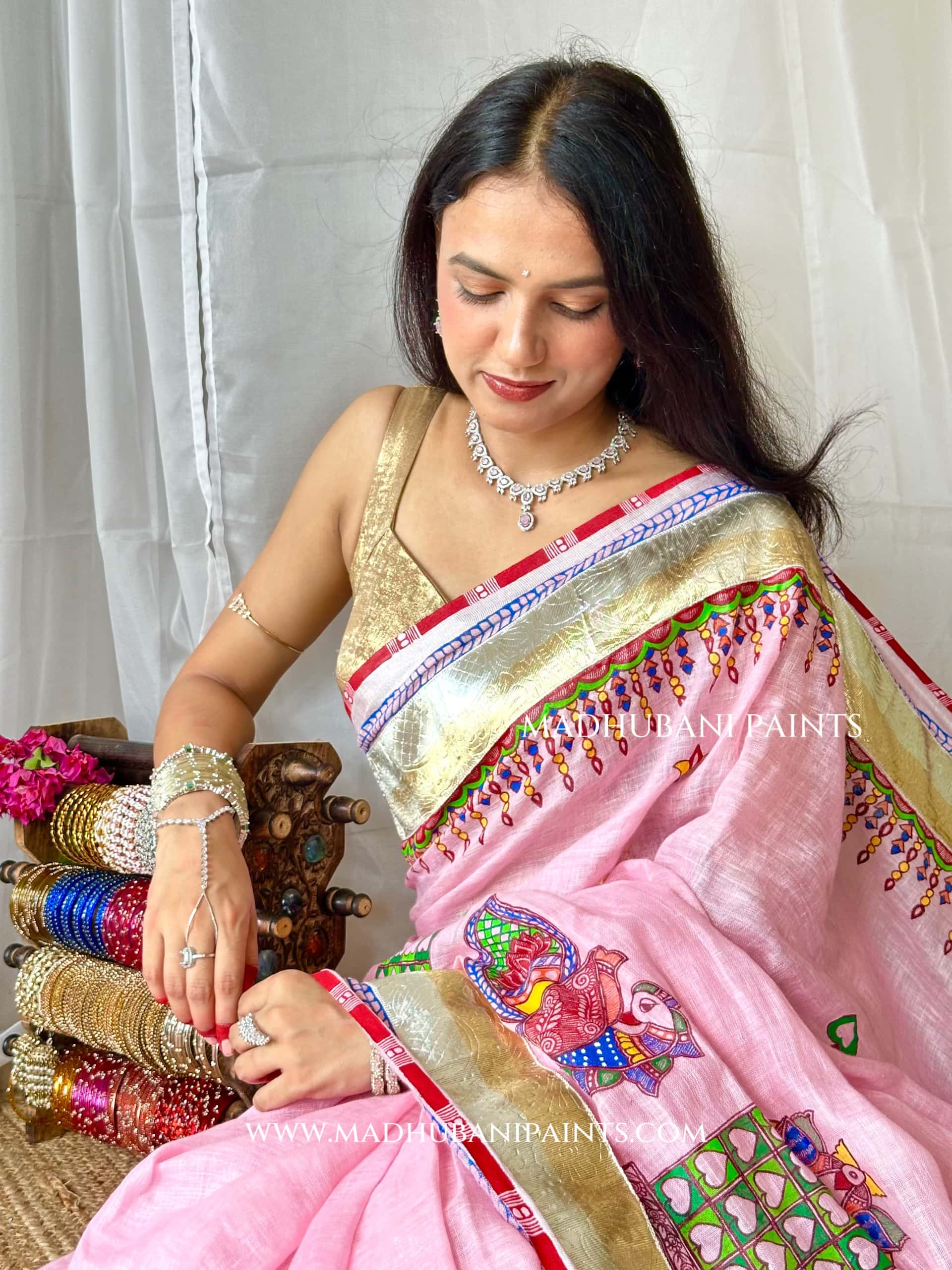 Gulabi Bridal Hand-painted Madhubani Painting Saree Blouse Set