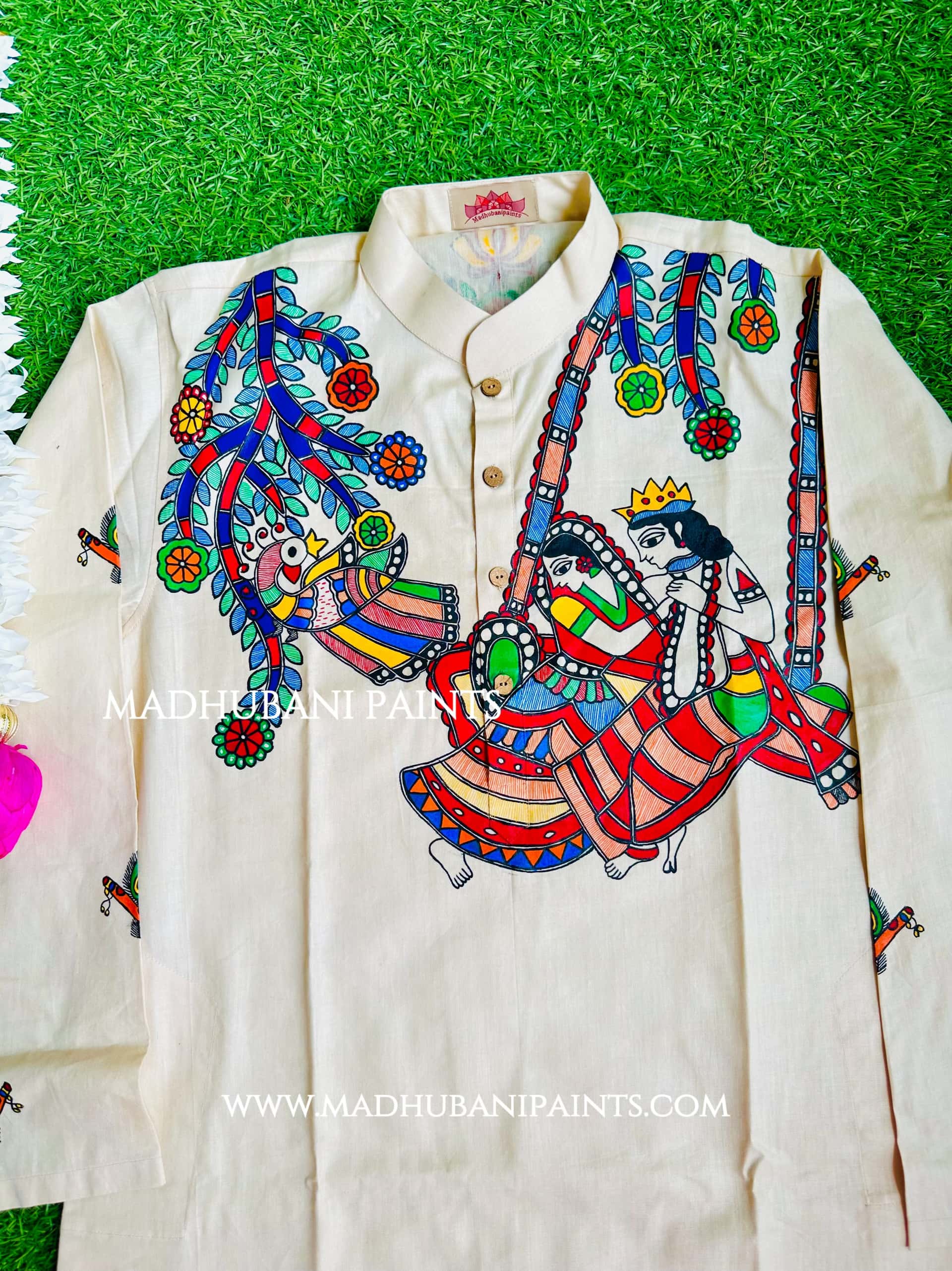 RADHA RAMAN Hand-painted Beige Handloom Men's Cotton Kurta