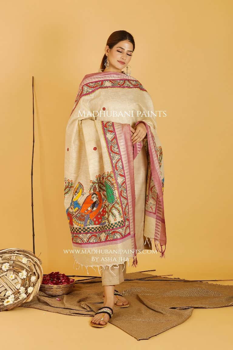 Krishna Radha Leela Madhubani Handpainted Pure Handloom Cotton Dupatta