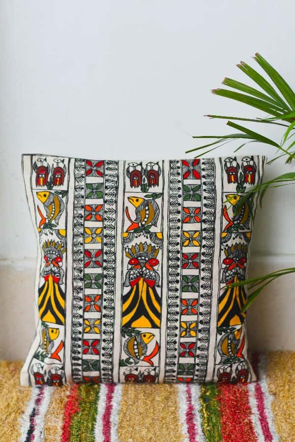 Madhubani Painting Elegant Peacock Design Cushion