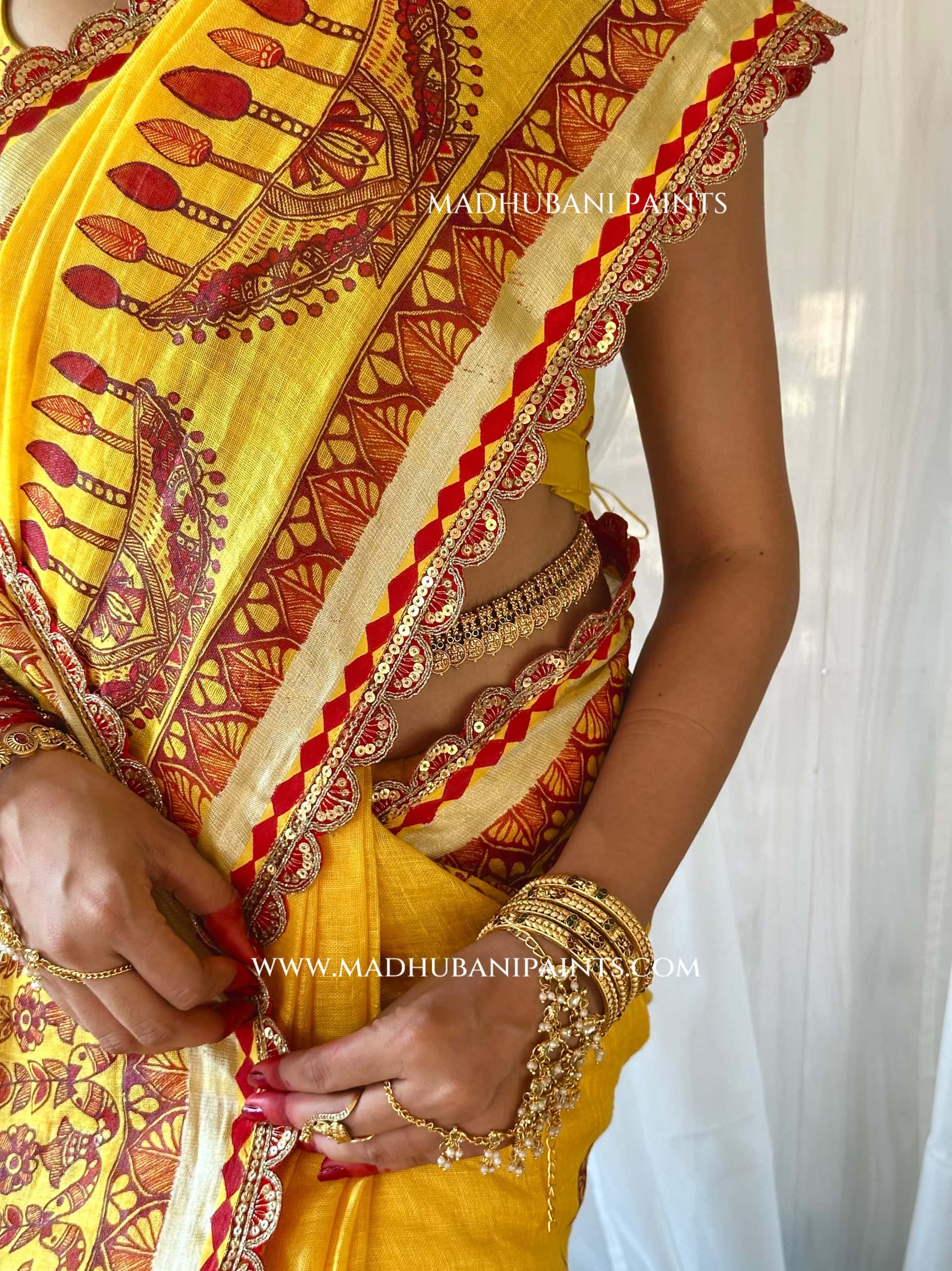 Haldi Bridal Hand-painted Madhubani Painting Saree