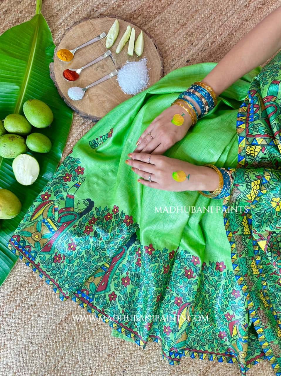 'Ammua Mahuwwa' Handpainted Madhubani Tussar Silk Saree