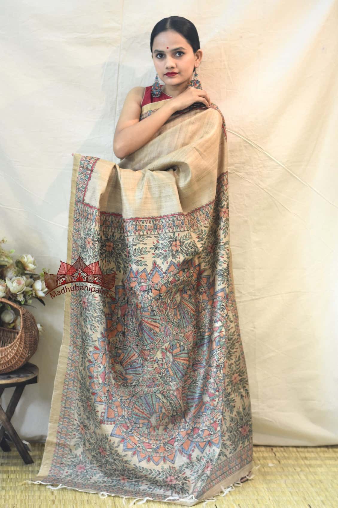 Peacock On Tree Handpainted Silk Saree