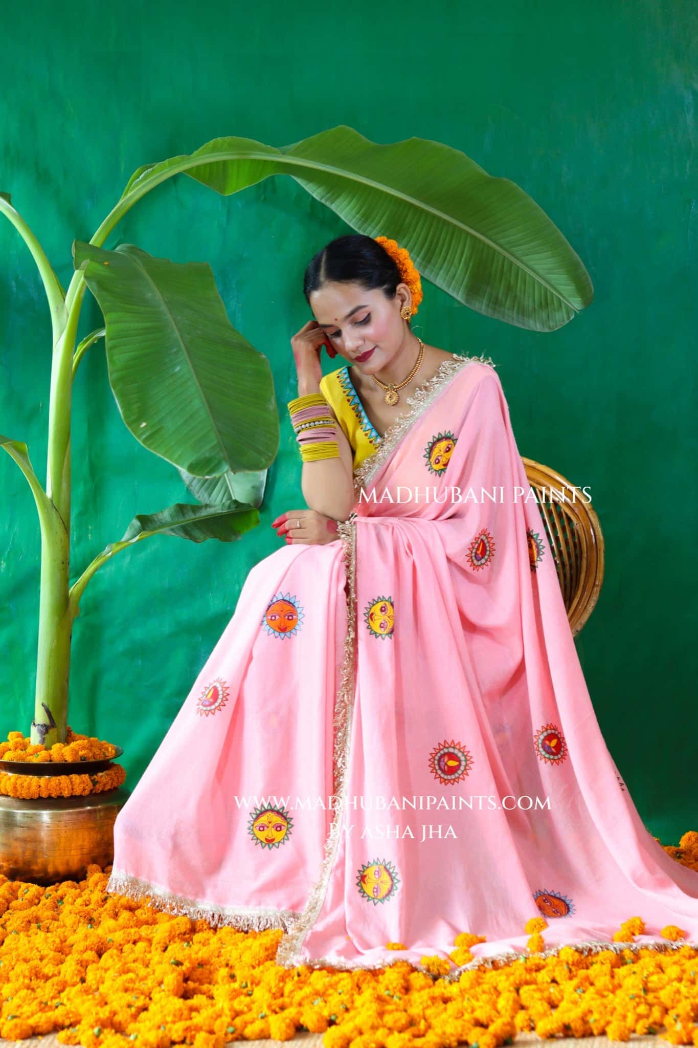 SURYA Chhath Puja Handpainted Madhubani Cotton Saree Blouse Set