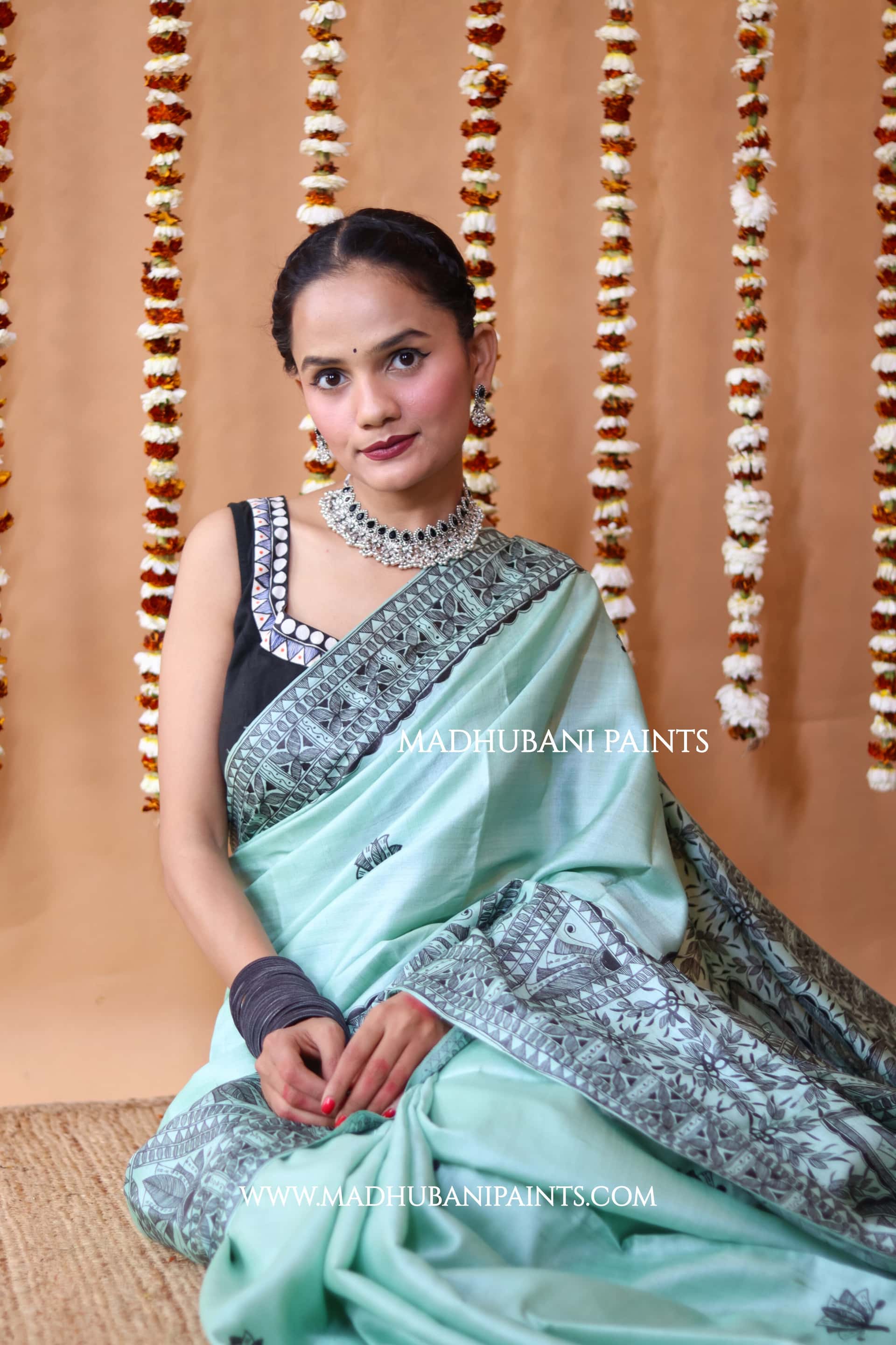 SAANKH KAMAL MANDALA Hand-painted Madhubani Tussar Silk Saree Blouse Set