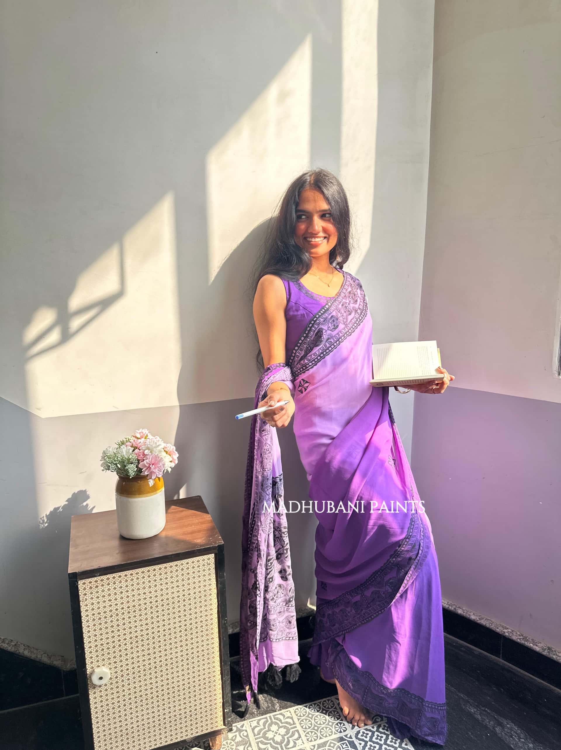 TARANGINI Handpainted Madhubani Georgette Saree