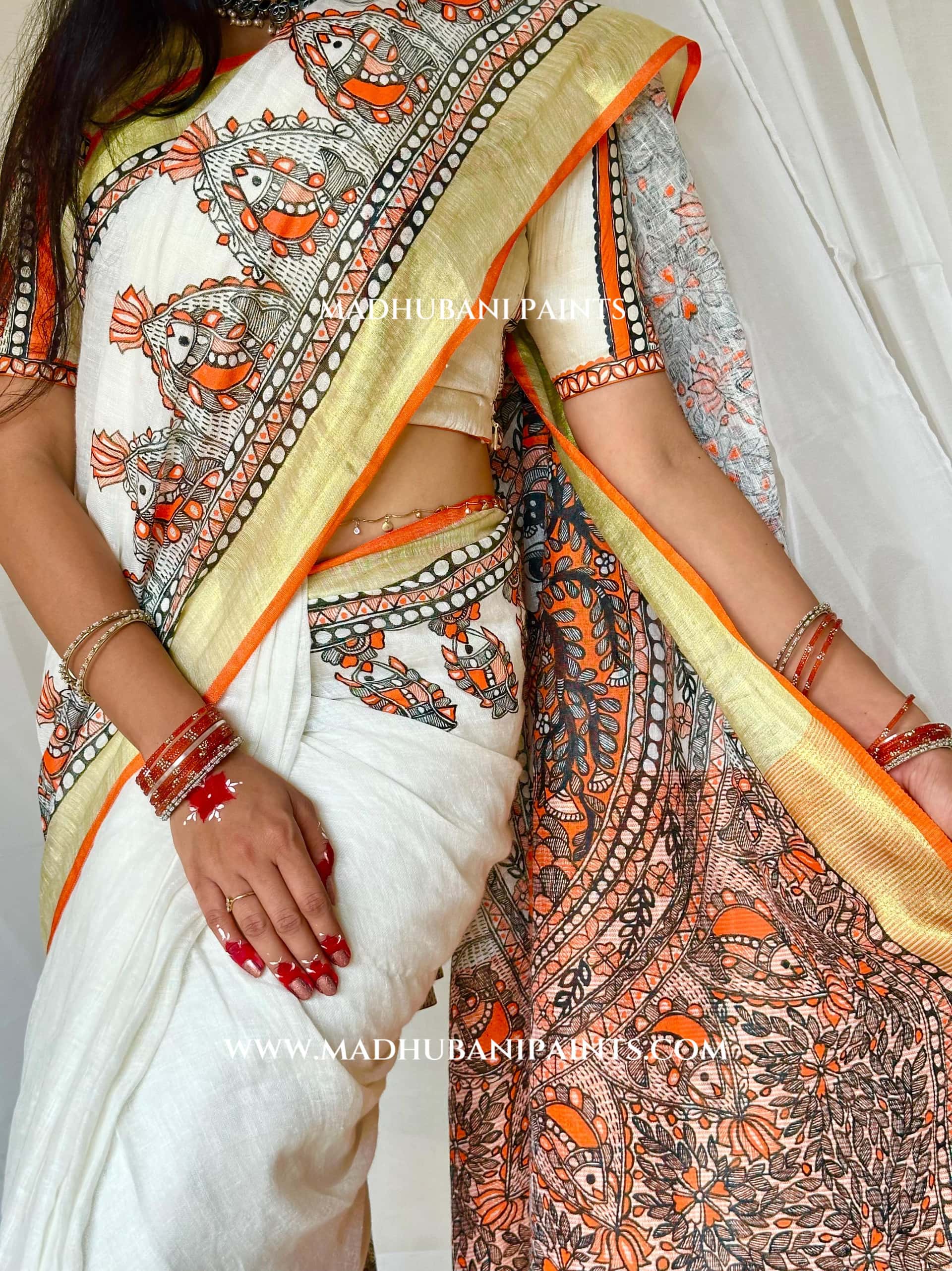 Linen Radha Krishna Hand-painted Madhubani Painting Saree