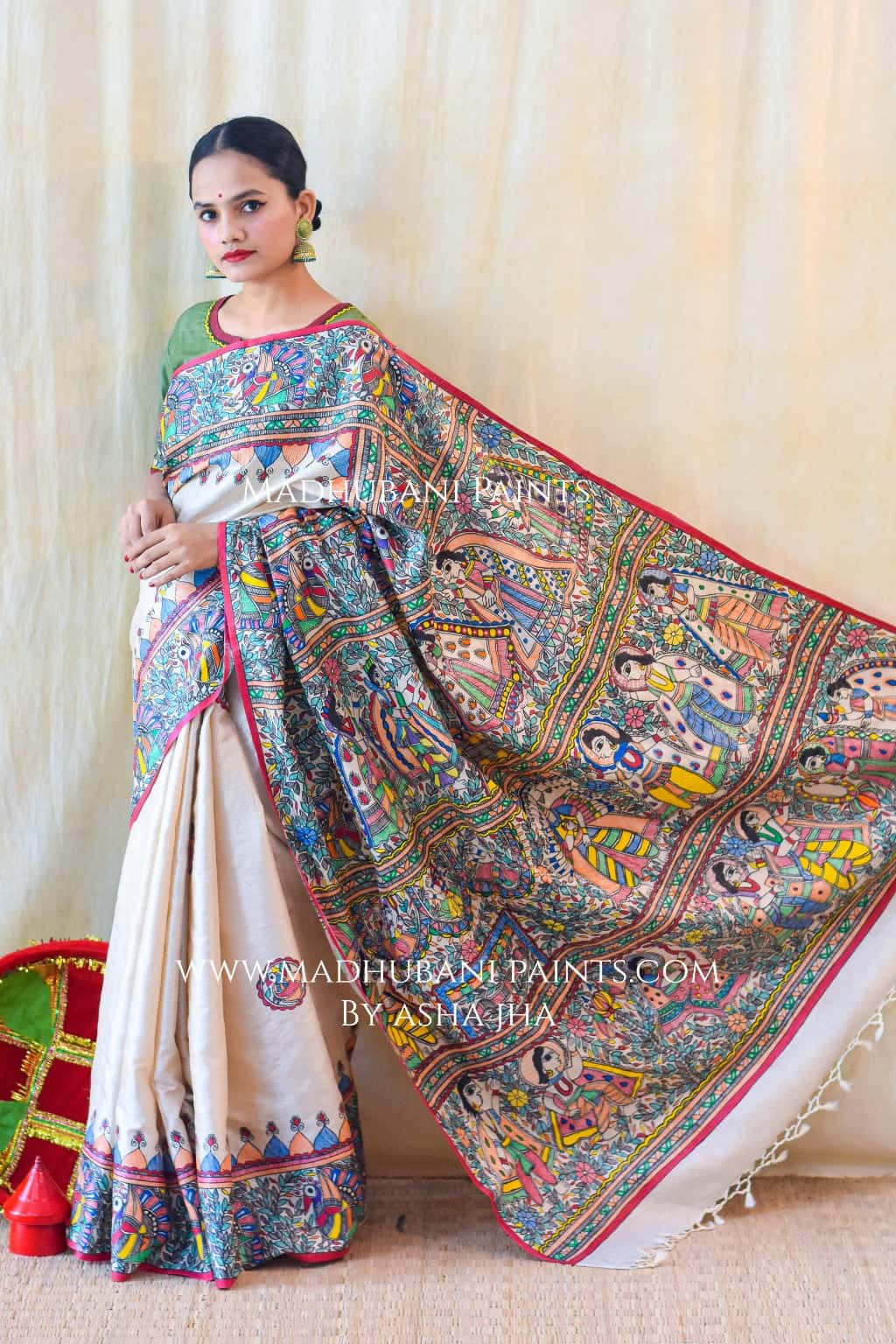 RAMAYANAM Handpainted MadhubaniPainting Saree Blouse Set