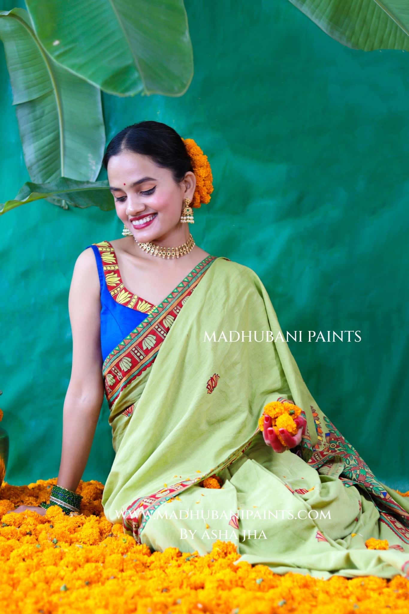 BHAKTI BHAVA Chhath Puja Hand painted Madhubani Cotton Saree