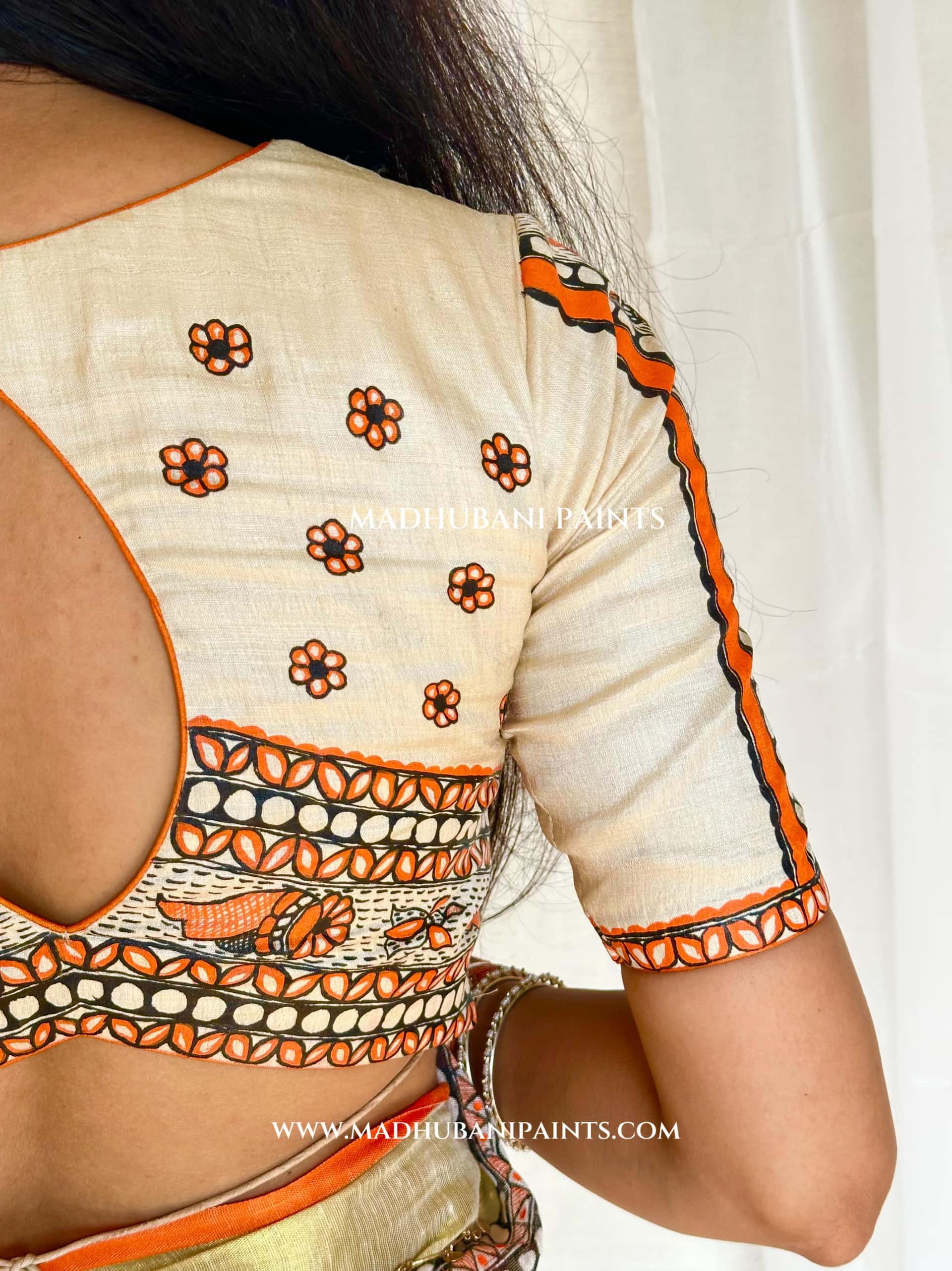 Linen Radha Krishna Hand-painted Madhubani Painting Saree Blouse Set